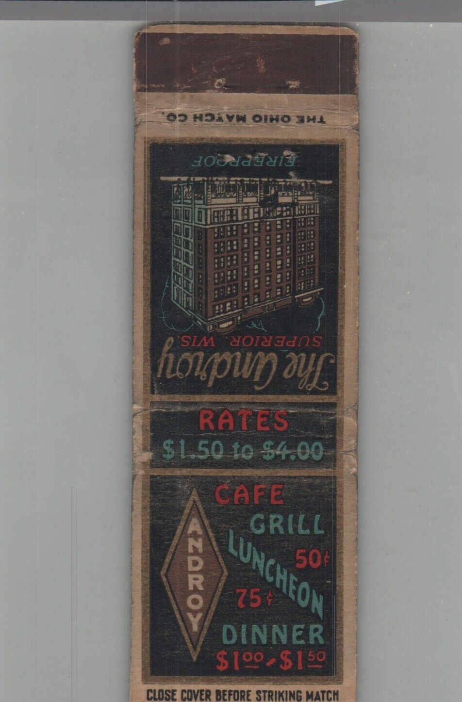 Matchbook Cover The Androy Hotel Superior, WI  TALL
