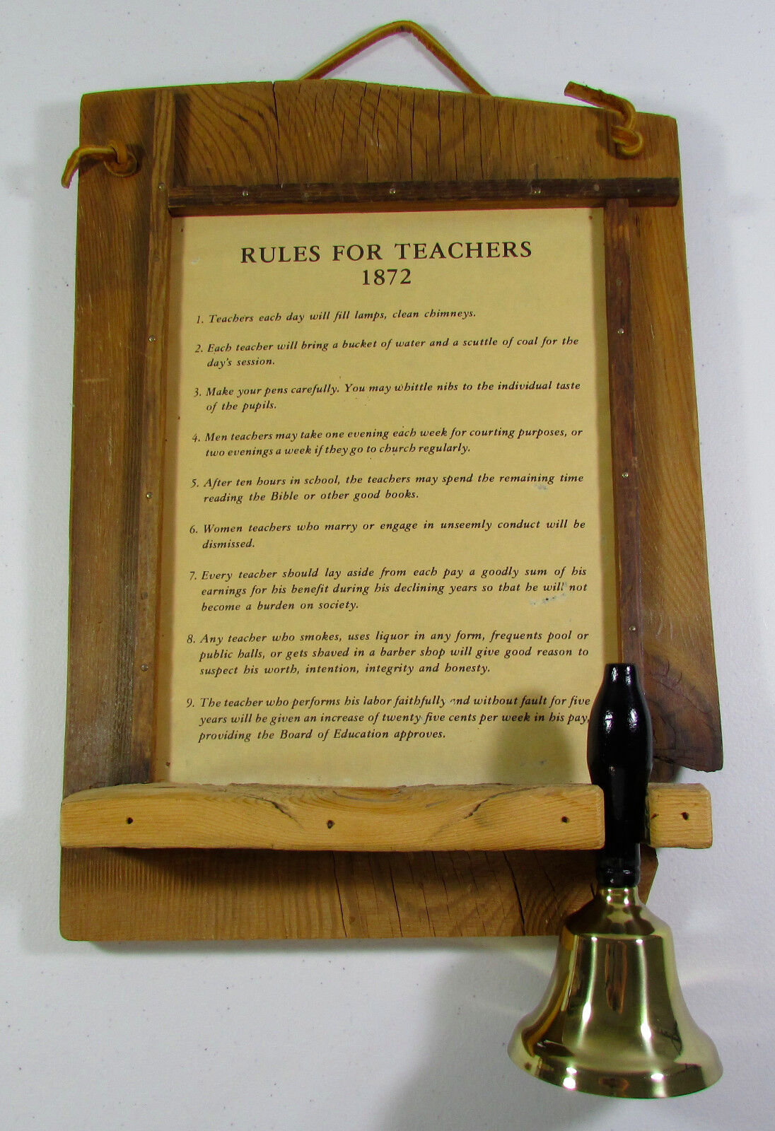 Vintage Wood Framed Rules For Teachers 1872 With Bell Art Decor Wall Hanging 