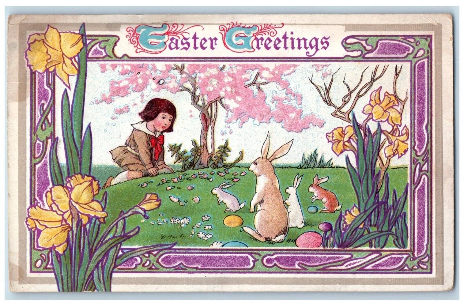 c1910\'s Easter Greetings Art Deco Girl Bunny Rabbit Eggs Embossed Postcard
