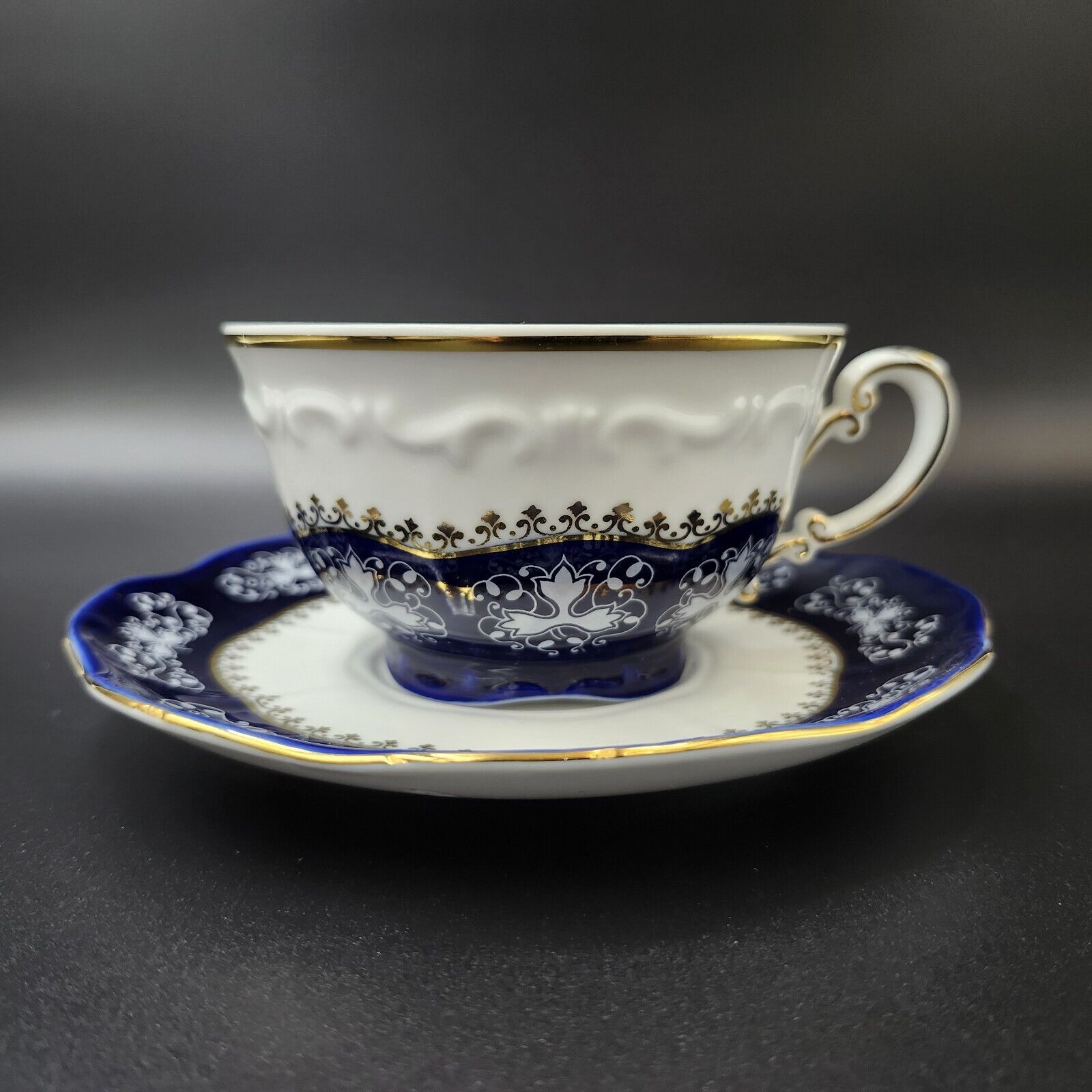 Zsolnay Pecs Hungary Porcelain Teacups Cobalt Blue, White & Gold Tri Leaf Floral