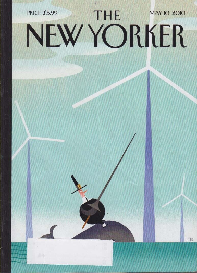 New Yorker cover Enid Starkie Pilgrim on whale jousts wind towers 5/10 2010