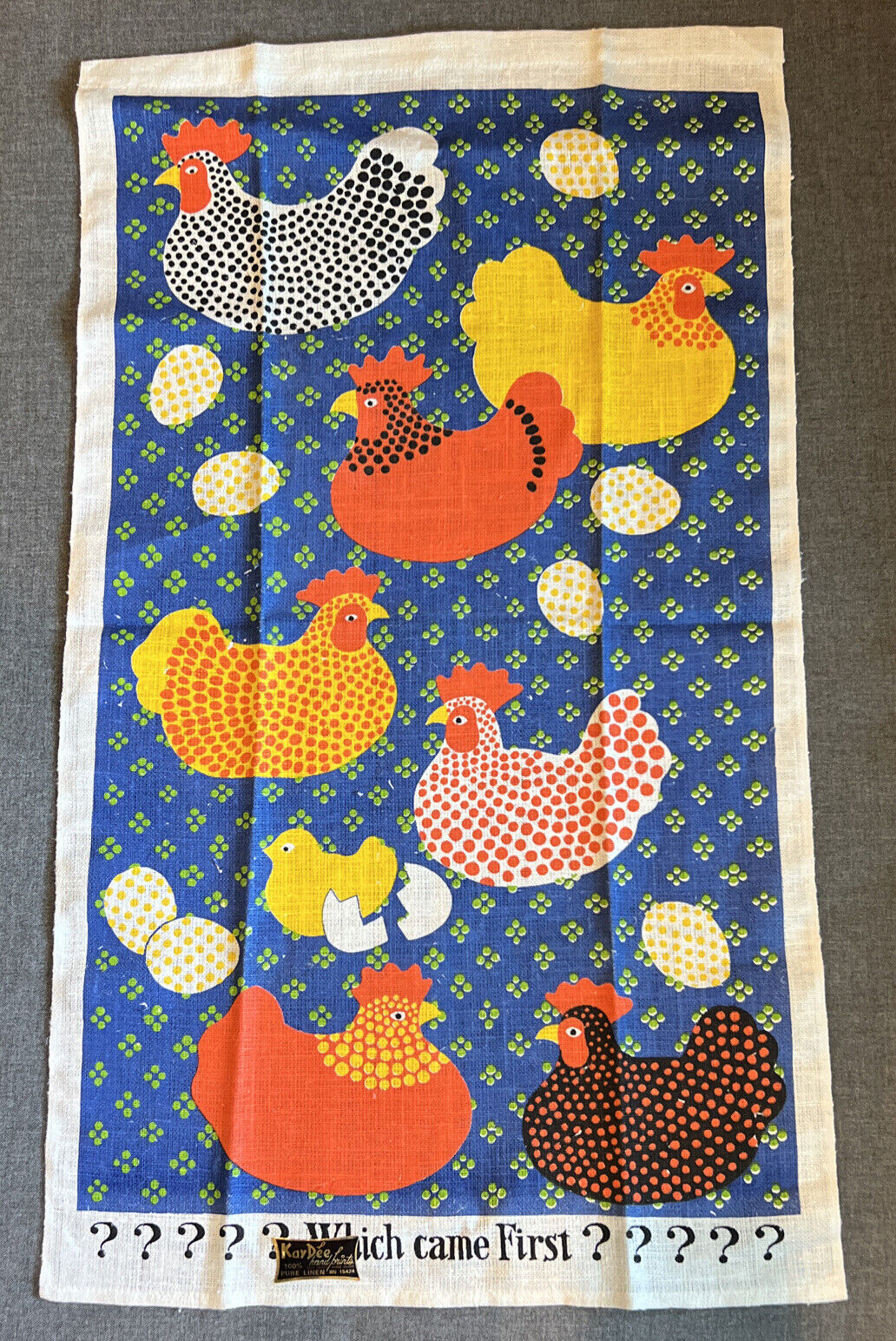 Vintage Kay Dee Handprints Linen Tea Towel Chicken “Which Came First?”