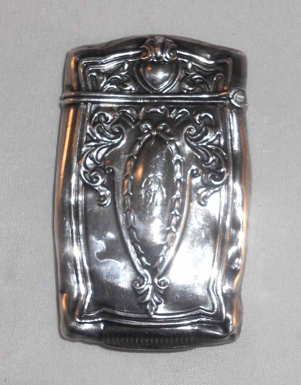 Antique Sterling Silver Match Safe or Vesta Repousse Escutcheon & Scroll Design