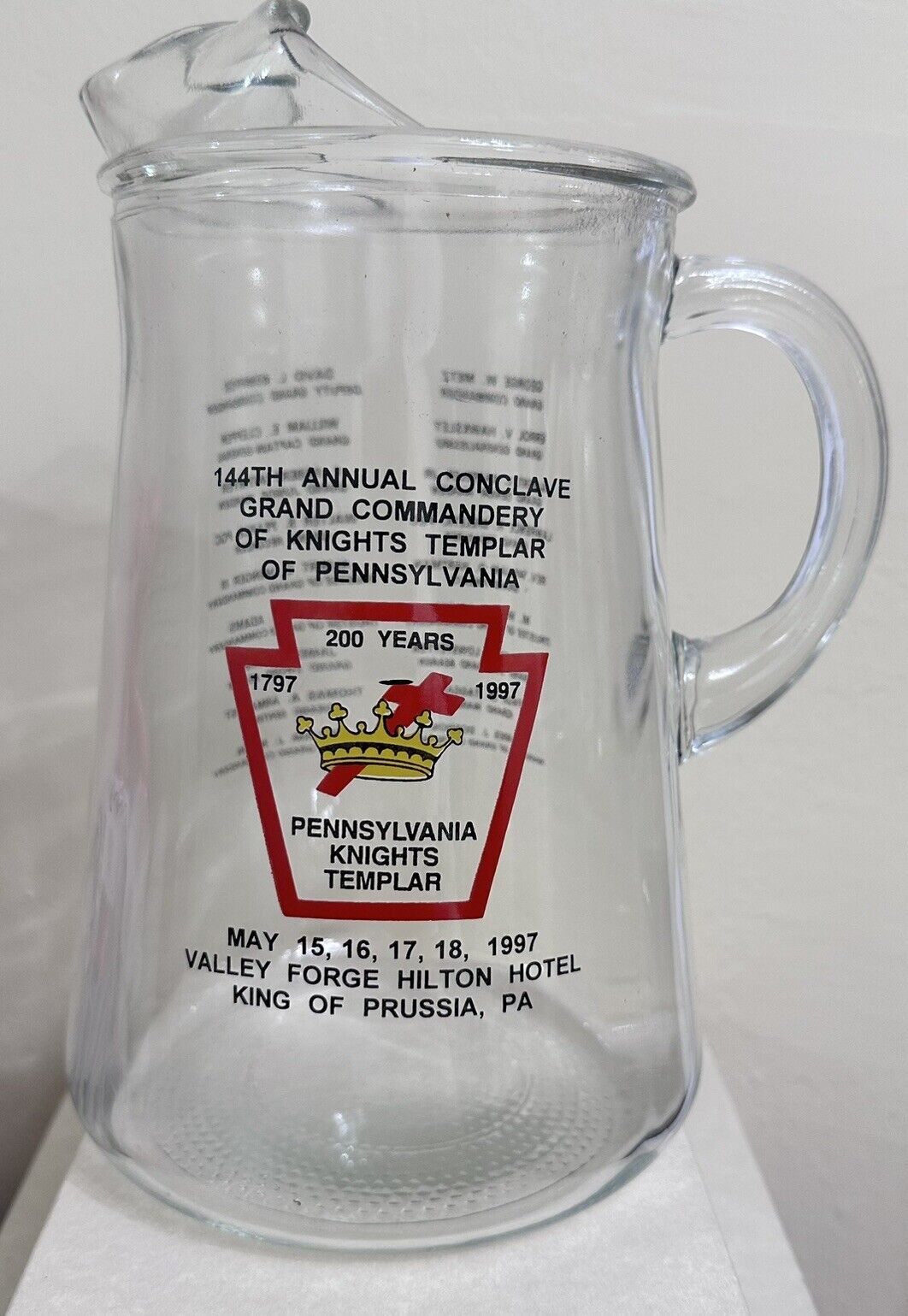 Pennsylvania Knights Templar 1797-1997 200th Anniversary 70 Oz. Glass Pitcher