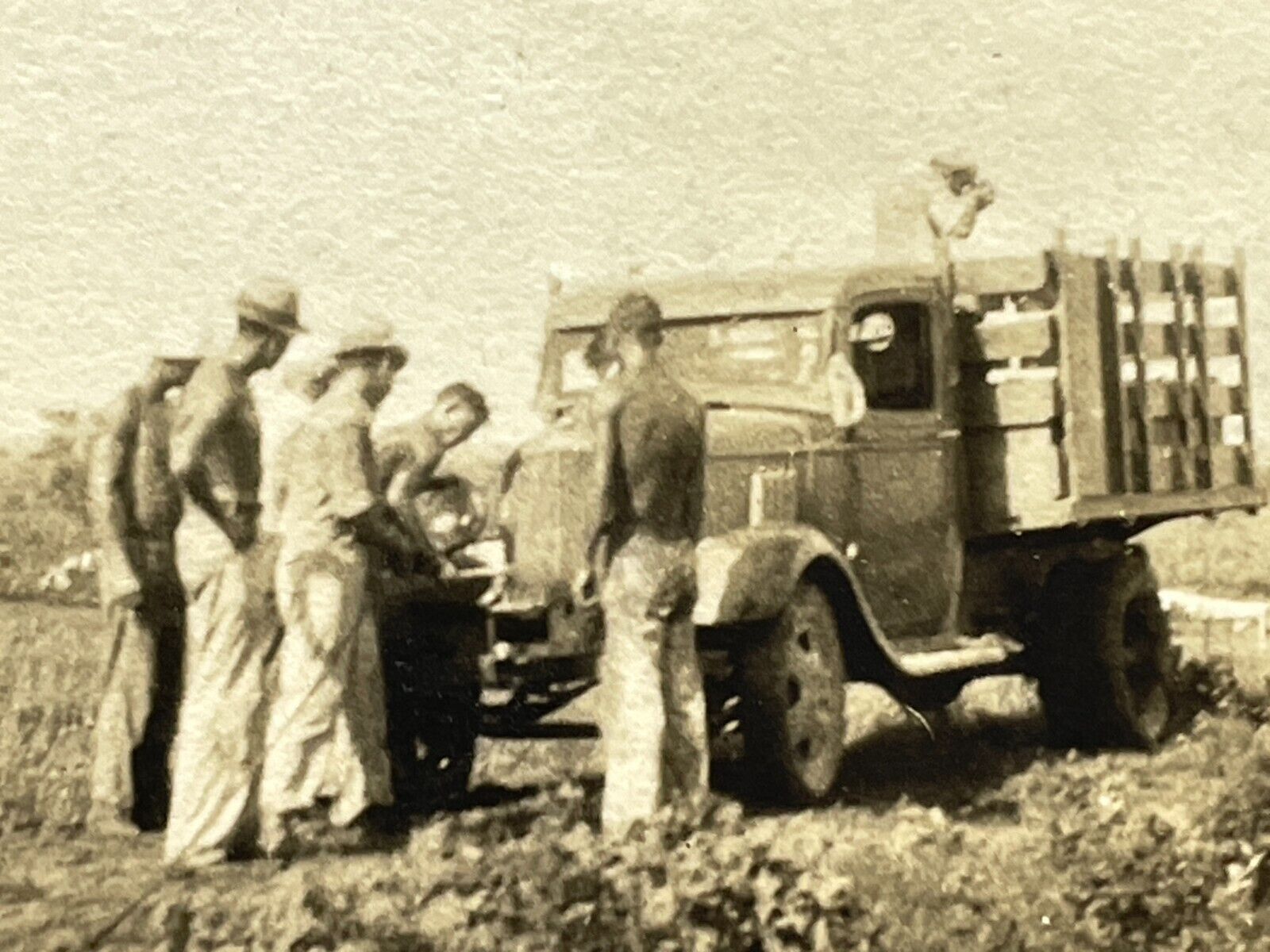 W7 Photograph Handsome Men Working On Old Truck In Field Shirtless Worker 1930\'s
