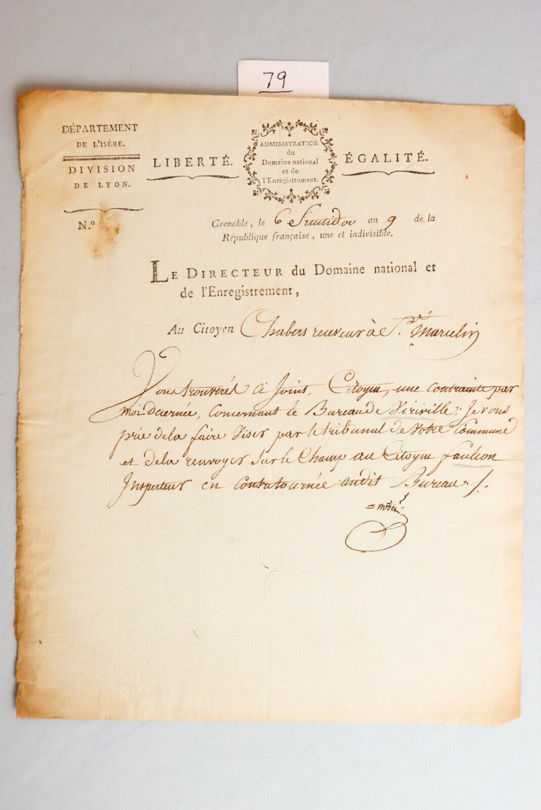 1800 French Revolution Registration Certificate Lyon Marat Danton Robespierre