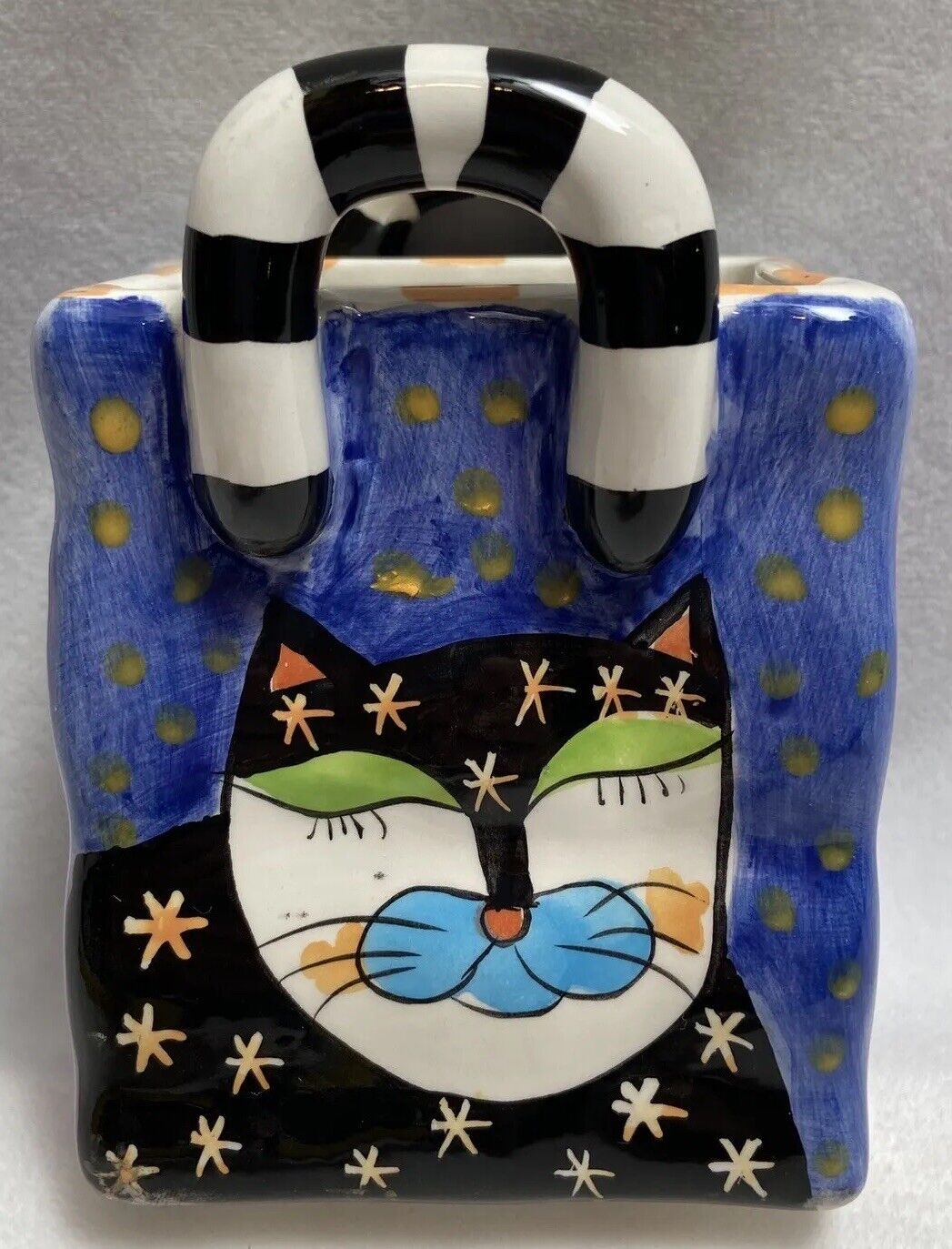 Milson and Louis Hand Painted Cats Purple Black Blue Bag Whimsical Planter Vase