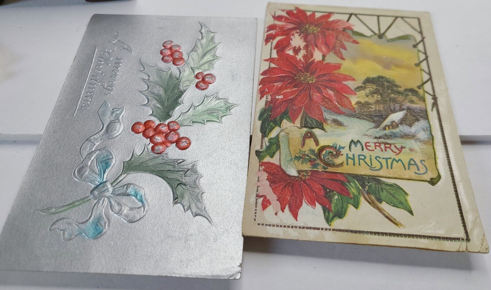 2 Antique Christmas Postcards 1910 Holly Poinsettias