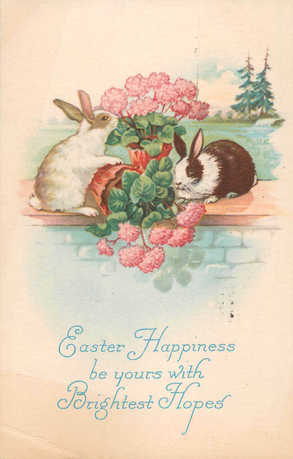 Easter 1920s Vintage Postcard Bunnies Pink Peonies Rabbits Happiness 1583 C