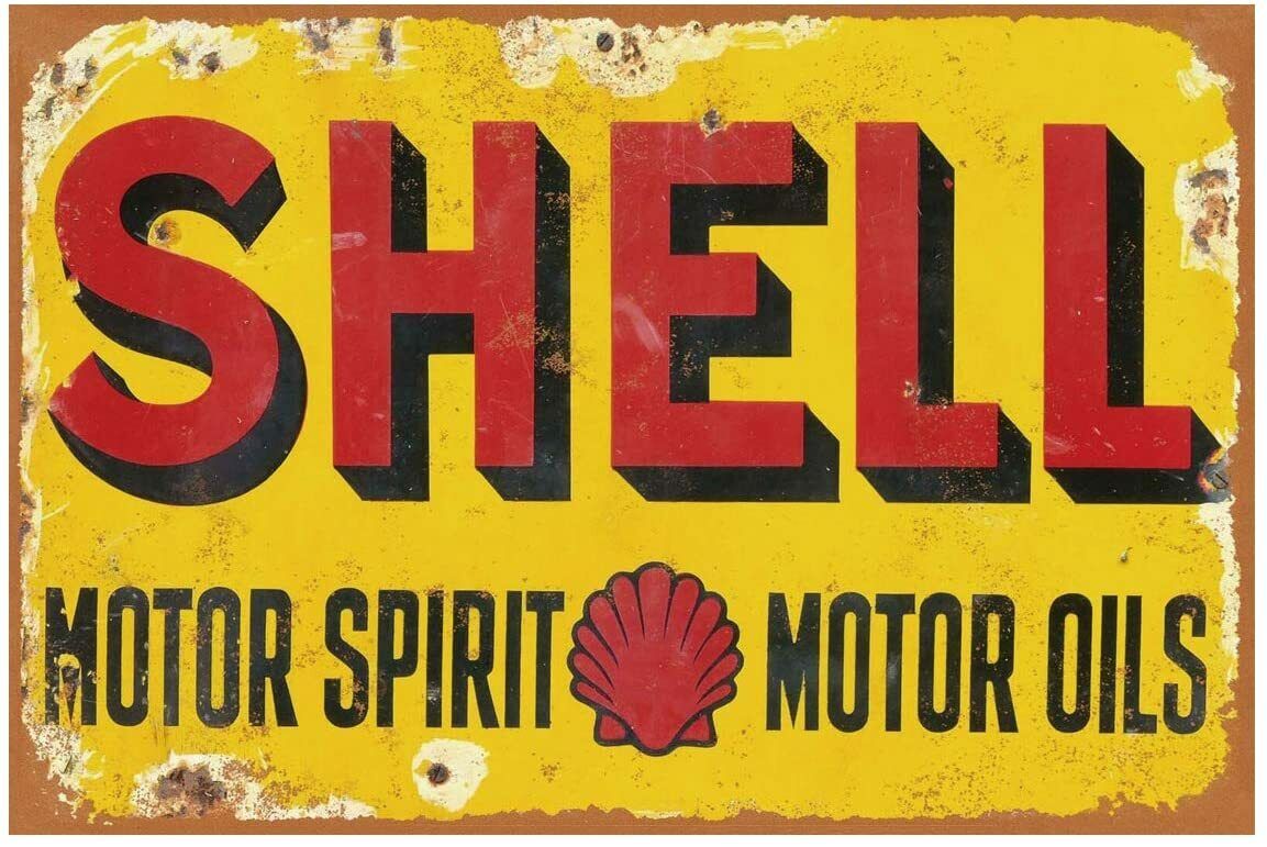SHELL TIN SIGN MOTOR SPIRIT MOTOR OILS LUBRICATION GOLDEN TRACTOR PETROL ASK FOR
