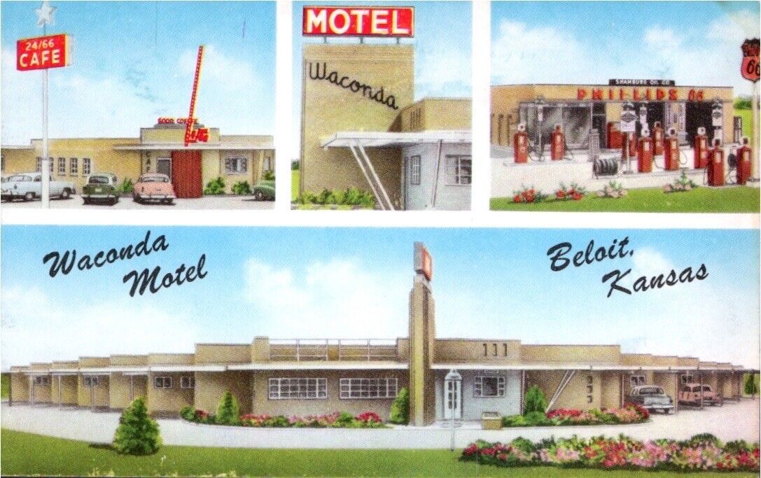 Kansas, Beloit, KS Waconda Motel, New Cafe and Phillips Gas station u-1950s A/T