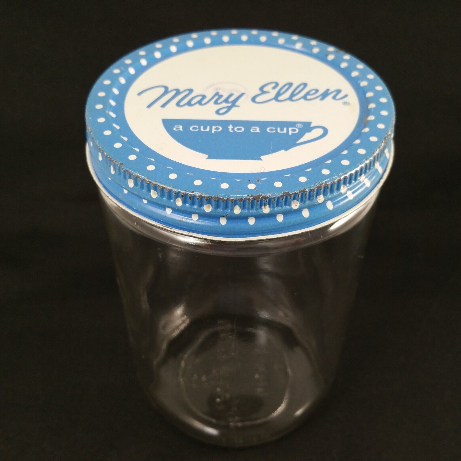 Vintage Mary Ellen Jam Glass Ball Jar Blue White Polka Dot Lid A Cup To A Cup