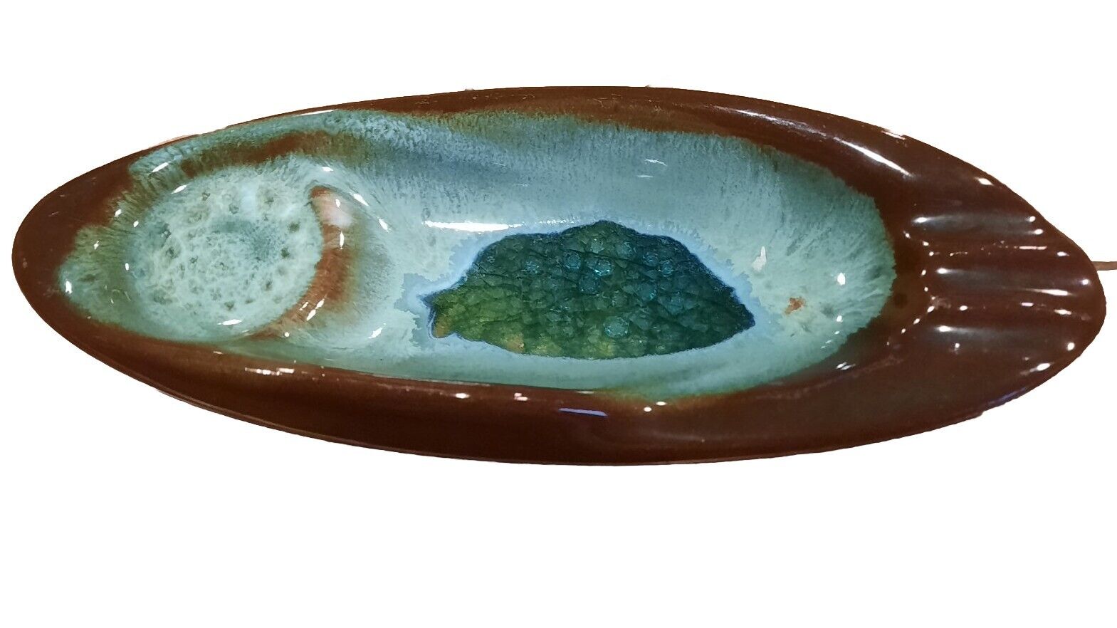 Vtg Retro MCM Pottery Ashtray Ceramic Decorative Bowl Brown and Turquoise Glaze