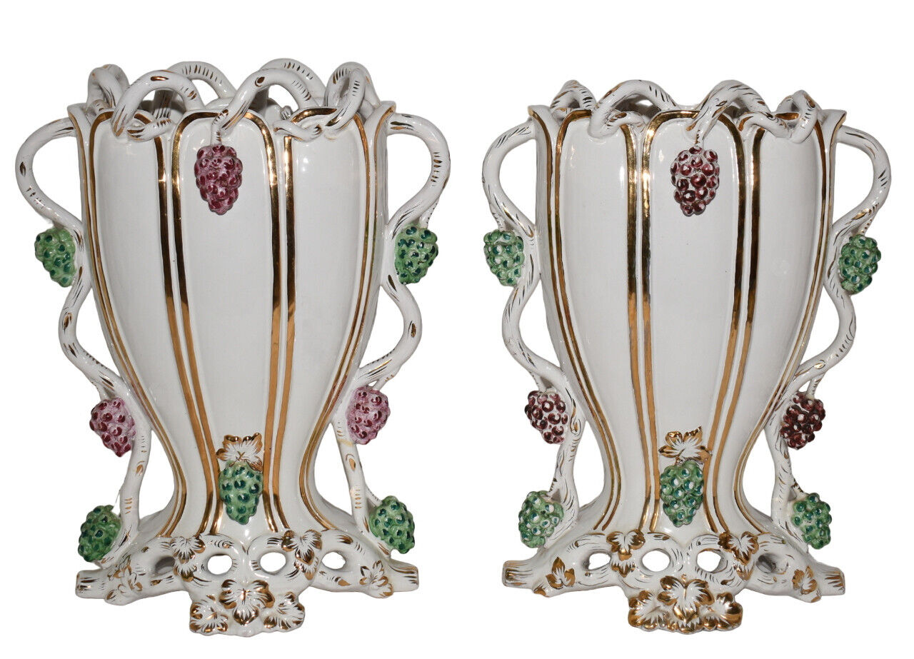 Pair Lg 1930s Ugo Zaccagnini Italian Vases Hand Decorated w Grapes & Vines Motif