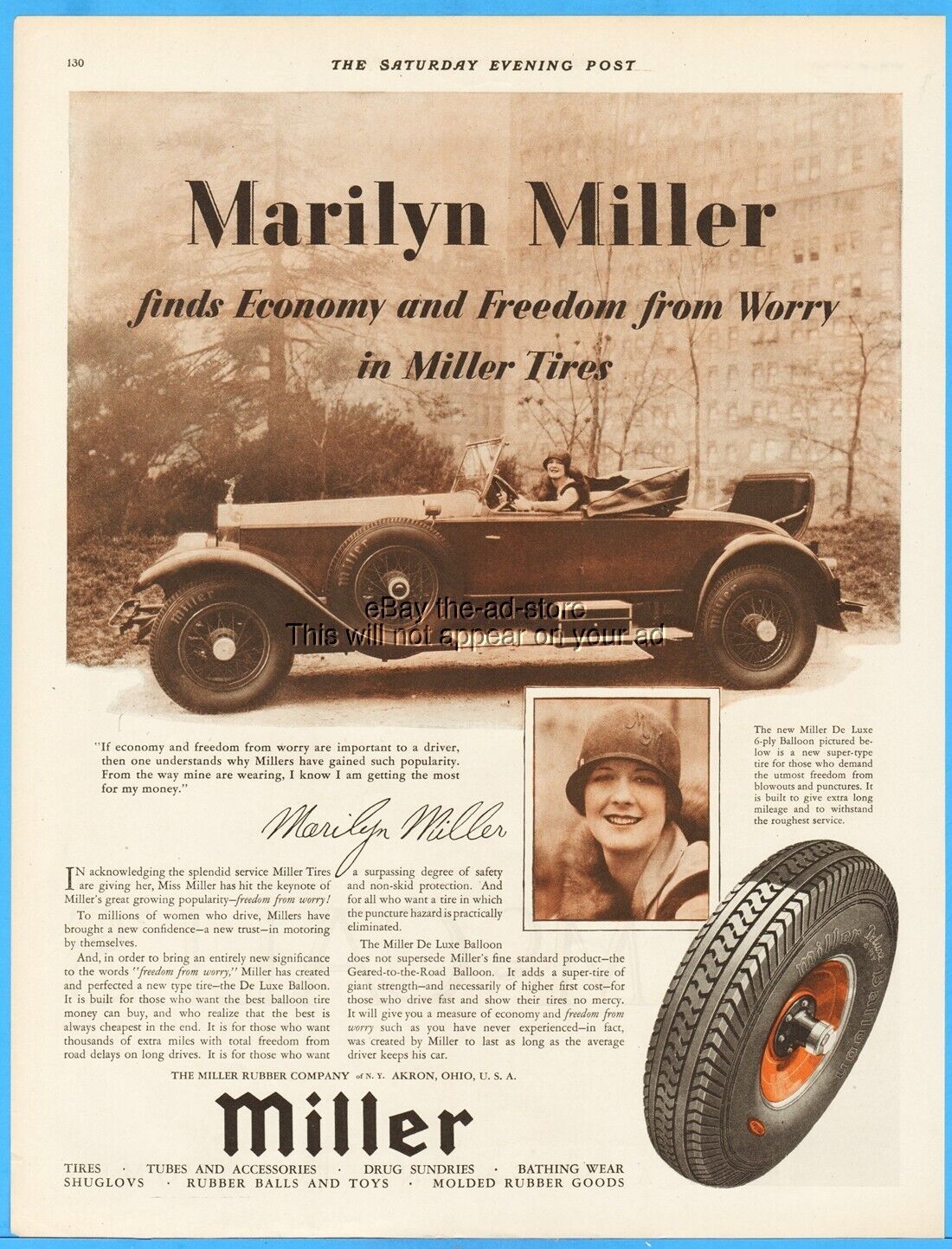 1928 Marilyn Miller Photo Ad Miller Car Tire Akron Ohio Antique Convertble