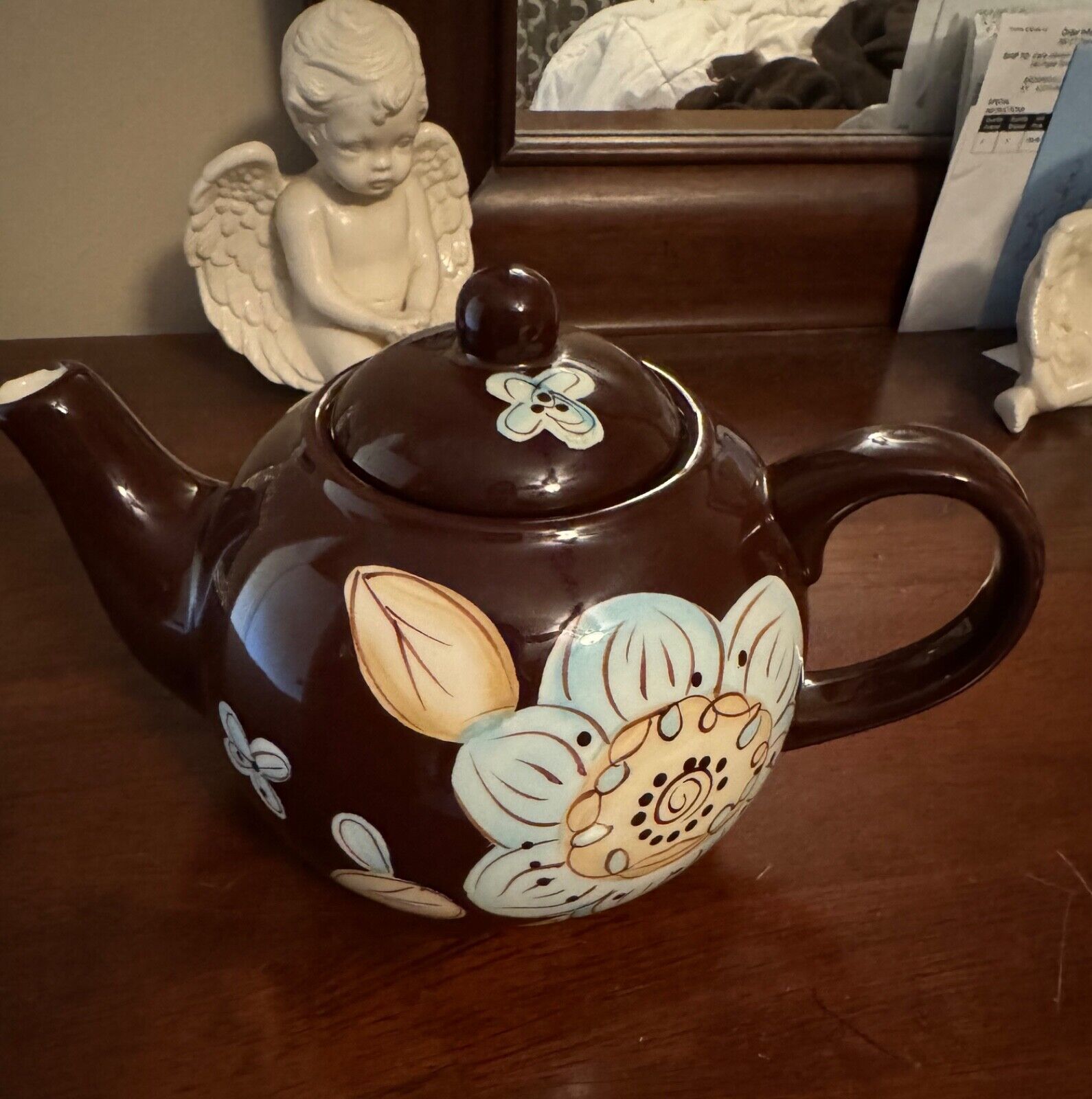 Pier 1 CASSIDY Tea Pot with Lid Hand Painted Earthware Brown Blue Flowers