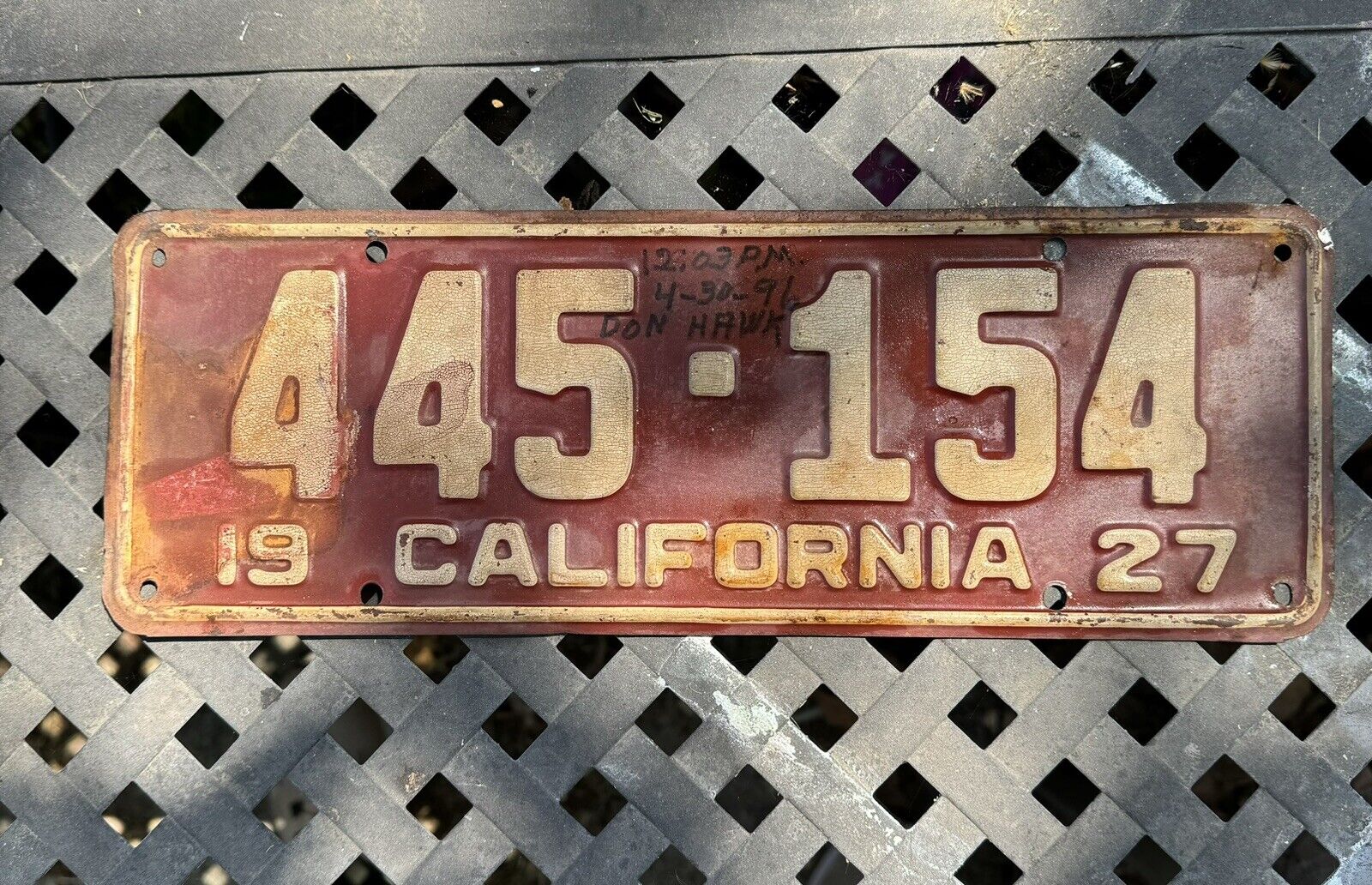 Original 1927 California License Plate. 445-154.  Red/White.