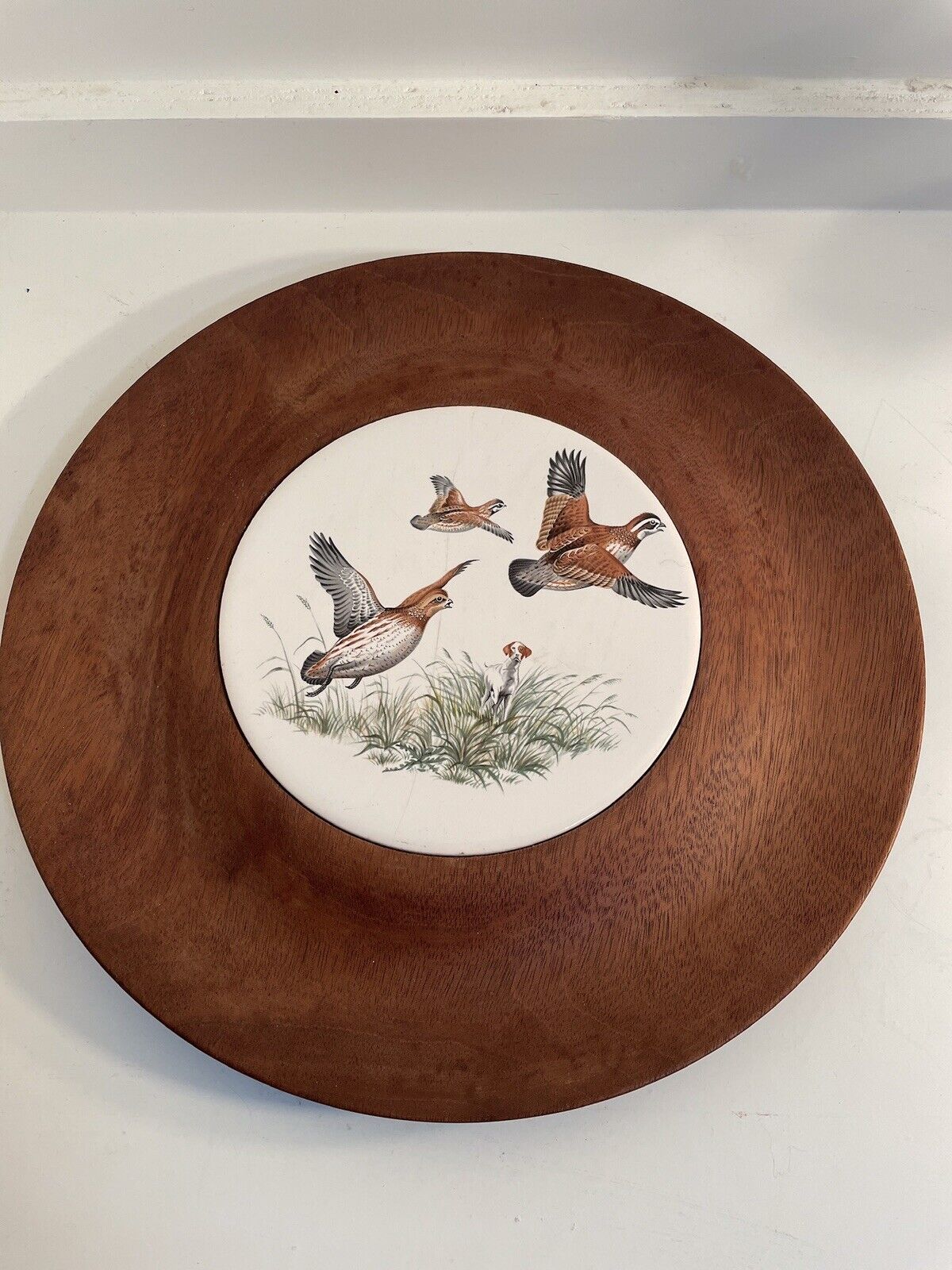 Vintage Woodbury's Woodware Walnut Platter w/ Ceramic Mallard Duck Trivet
