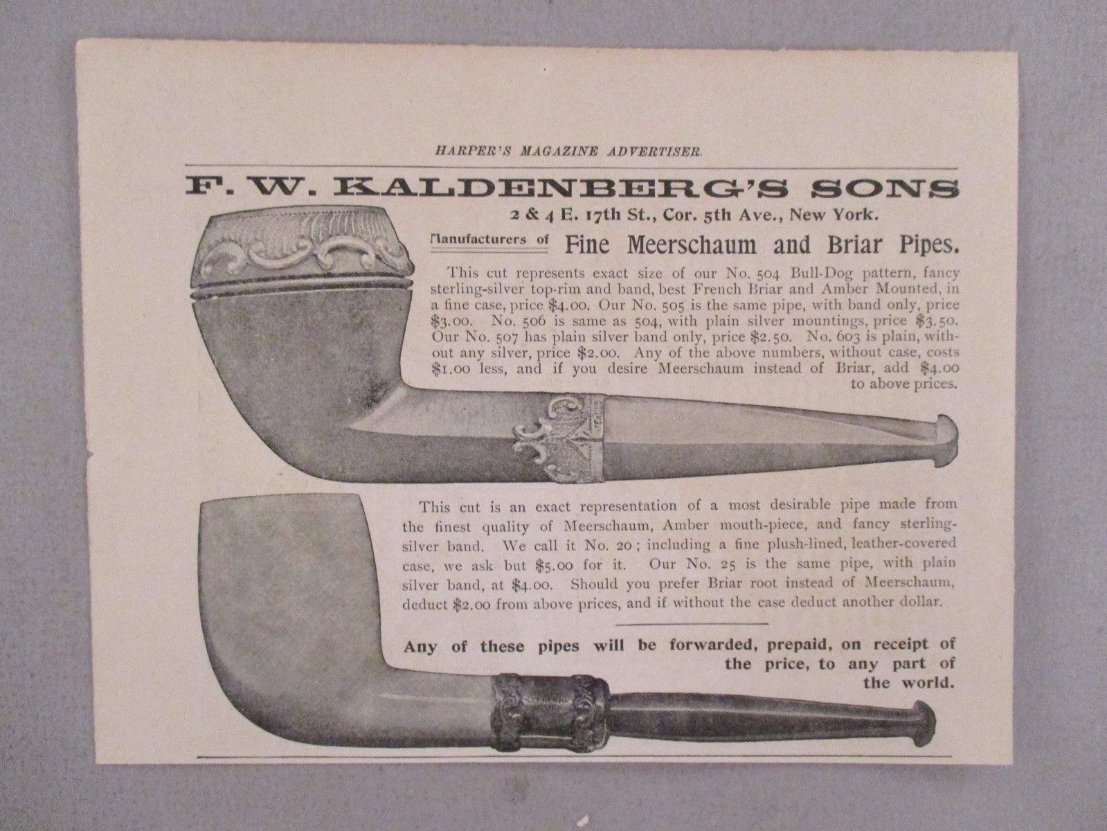 F.W. Kaldenberg's Meerschaum & Briar Pipe PRINT AD - 1896