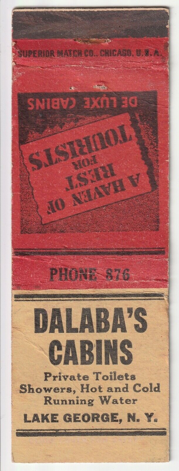 c1930s-40s~Lake George New York NY~Dalba\'s Cabins~Vintage Matchbook Cover