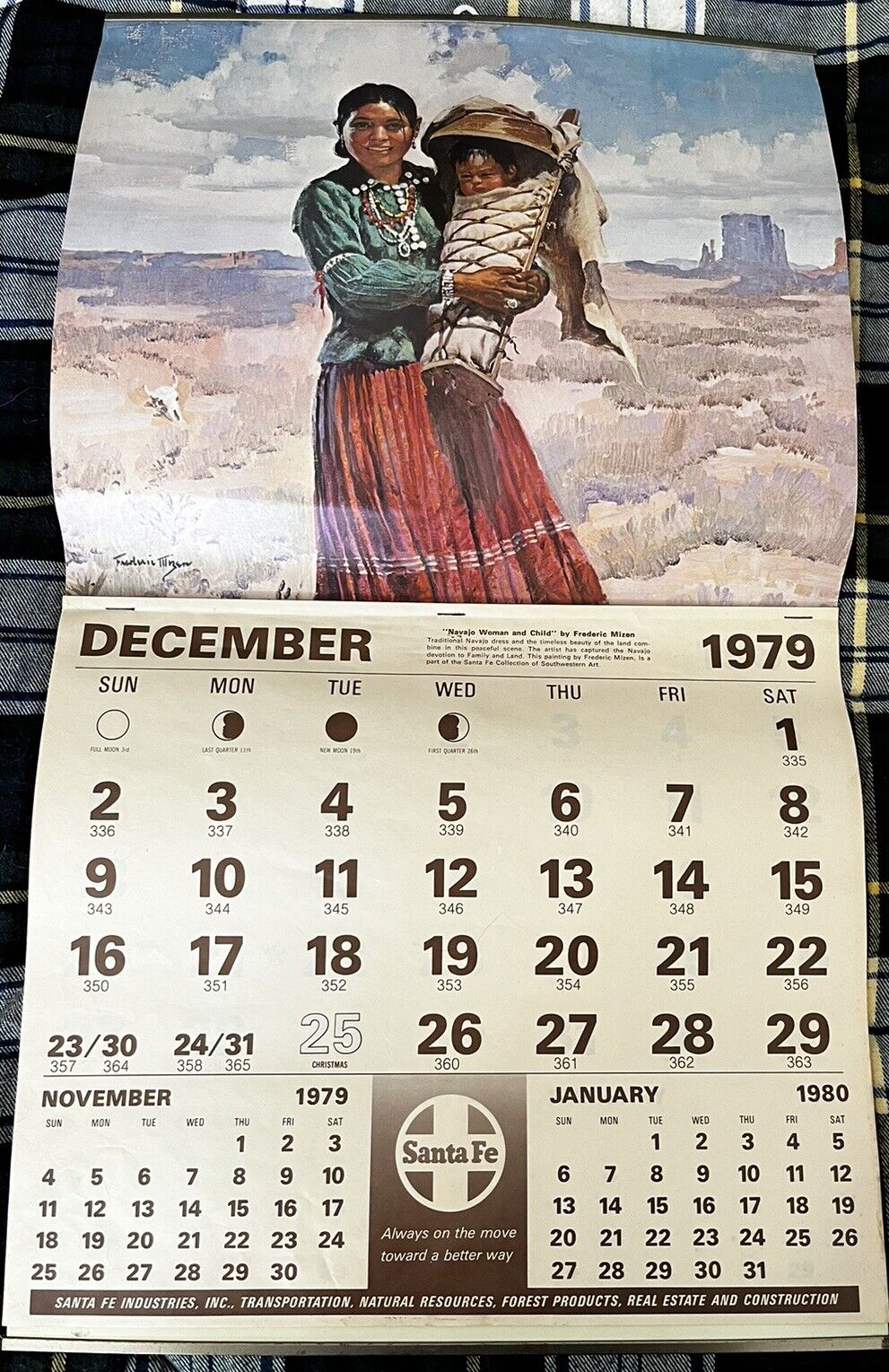 Vintage RARE 1979 Santa Fe Railroad Frederic Mizen Full 24 X 14 Calendar NAVAJO