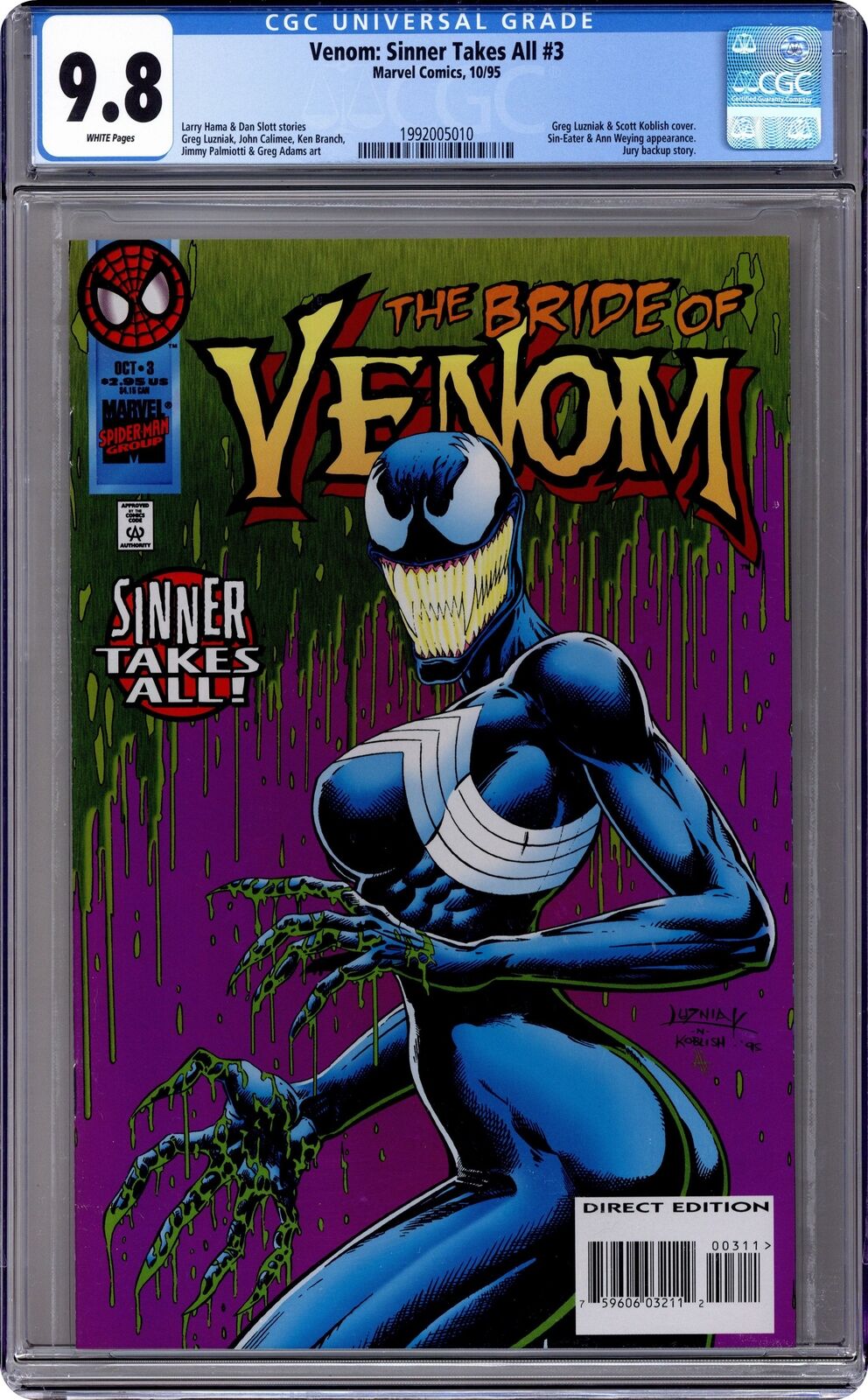 Venom Sinner Takes All #3 CGC 9.8 1995 1992005010 1st app 'She-Venom'