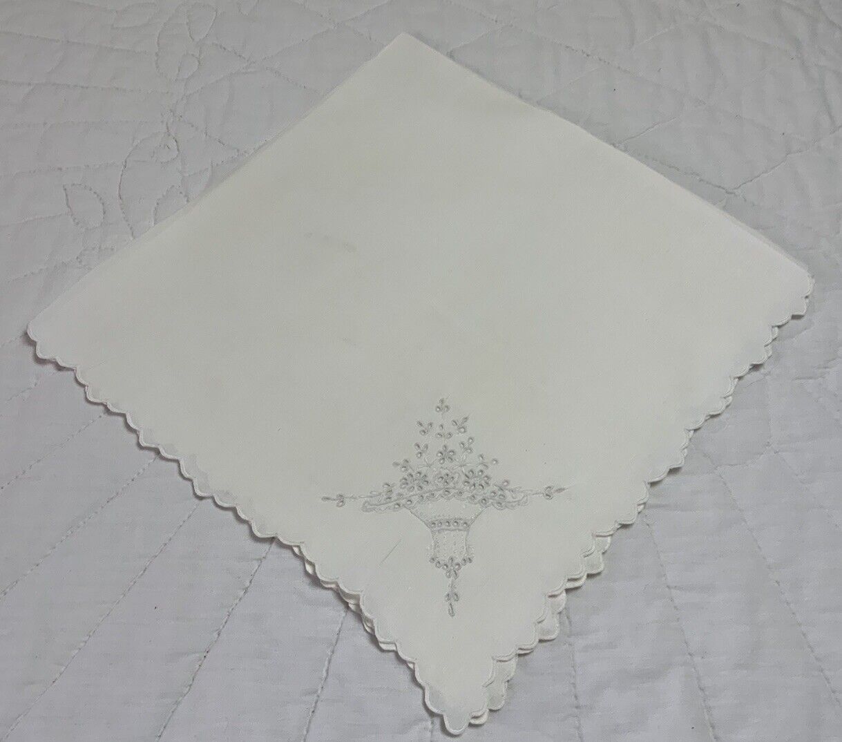 Vintage Large Square Napkin, White, Flower Embroidery, Linen, S Monogram
