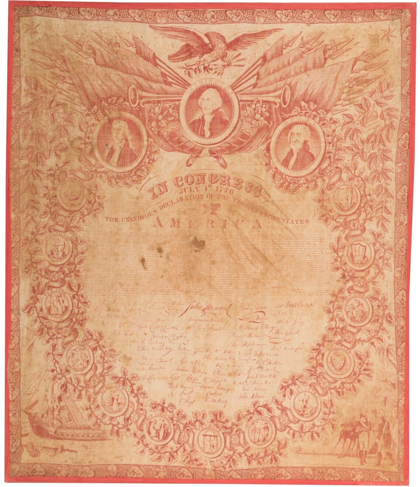 RARE Original 1826 Declaration of Independence Cotton Textile - Collins' Type 23