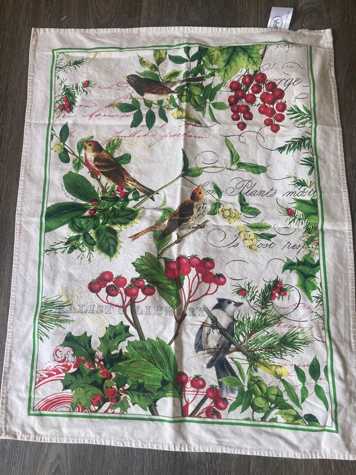 Vintage Linen Tea Kitchen Dish Towel Birds Michel Design Works Berries Trees