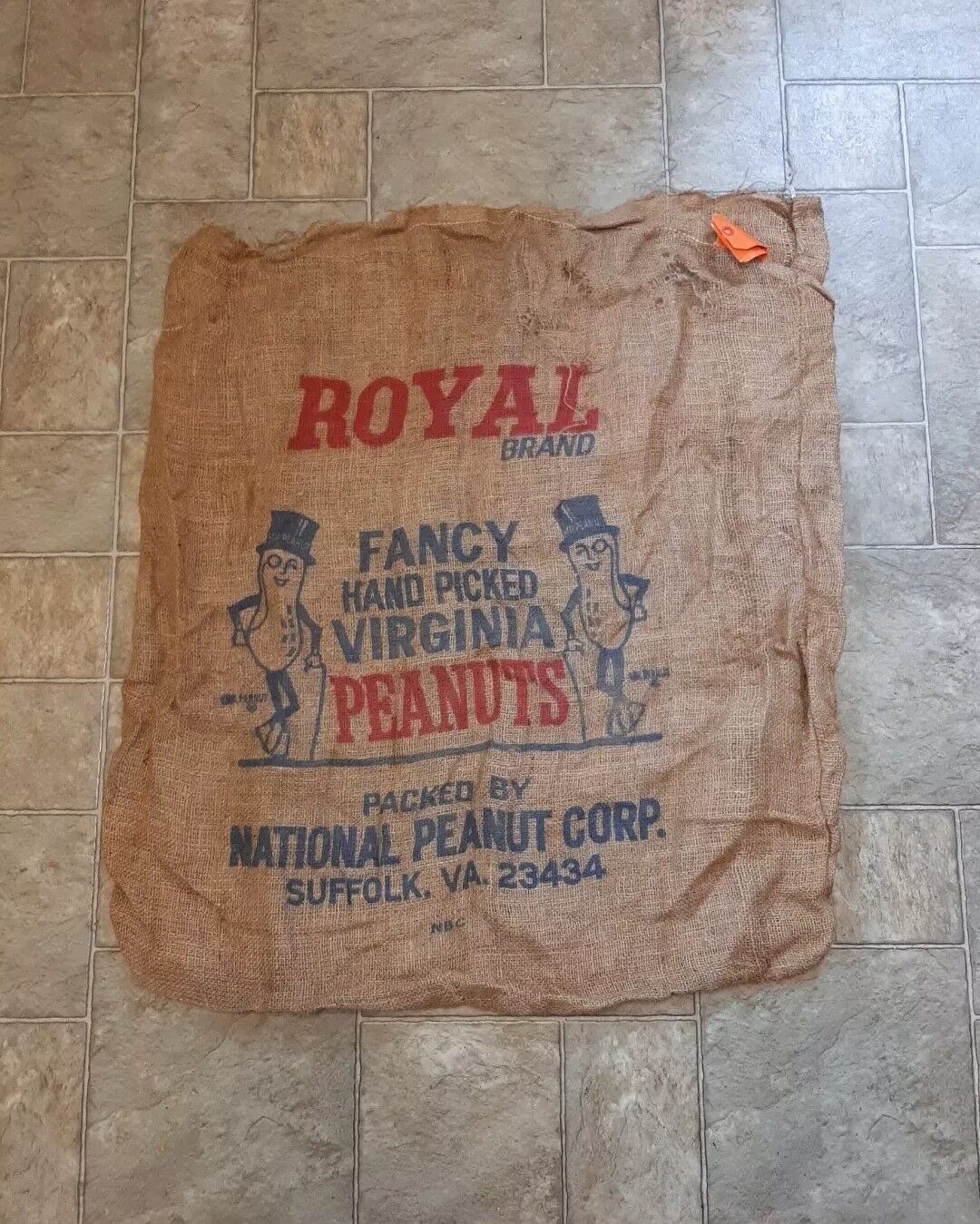 Vintage Lrg Burlap Sack ROYAL Brand MR PEANUT Hand Picked Virginia NUTS Suffolk 