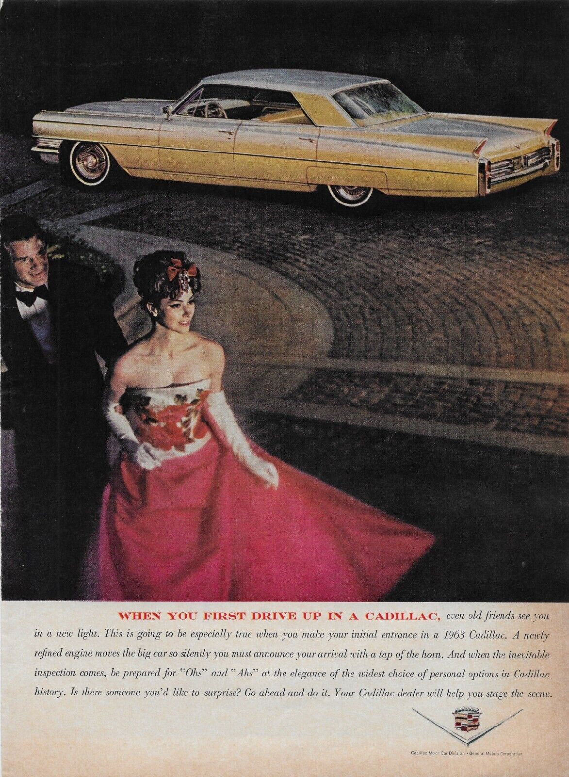 1963 Cadillac When You First Drive Up Impress Red Evening Gown Vintage Print Ad