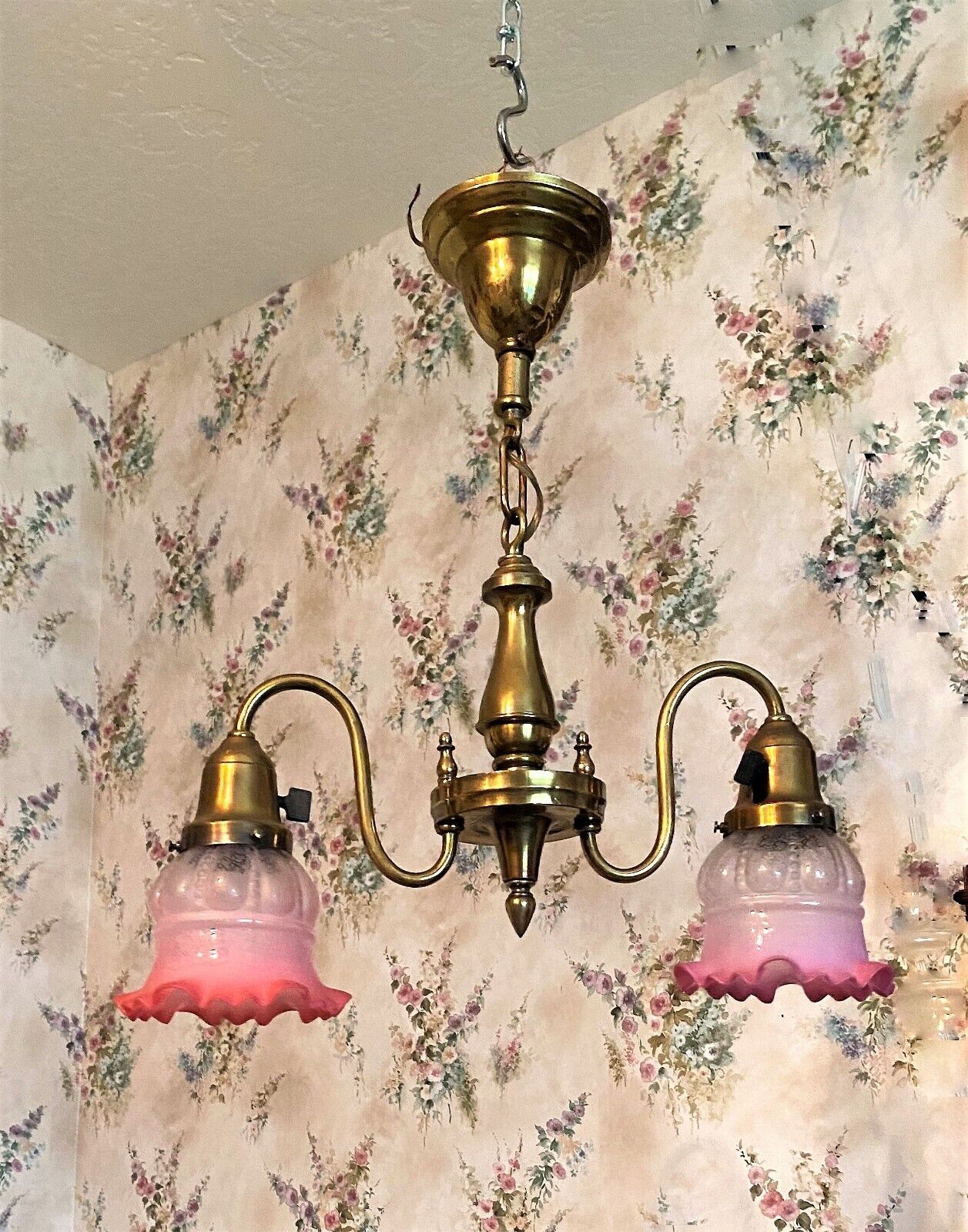 ANTIQUE TWO-ARMED HANGING LAMP/ LIGHT/ CHANDELIER w/ CRANBERRY SHADES