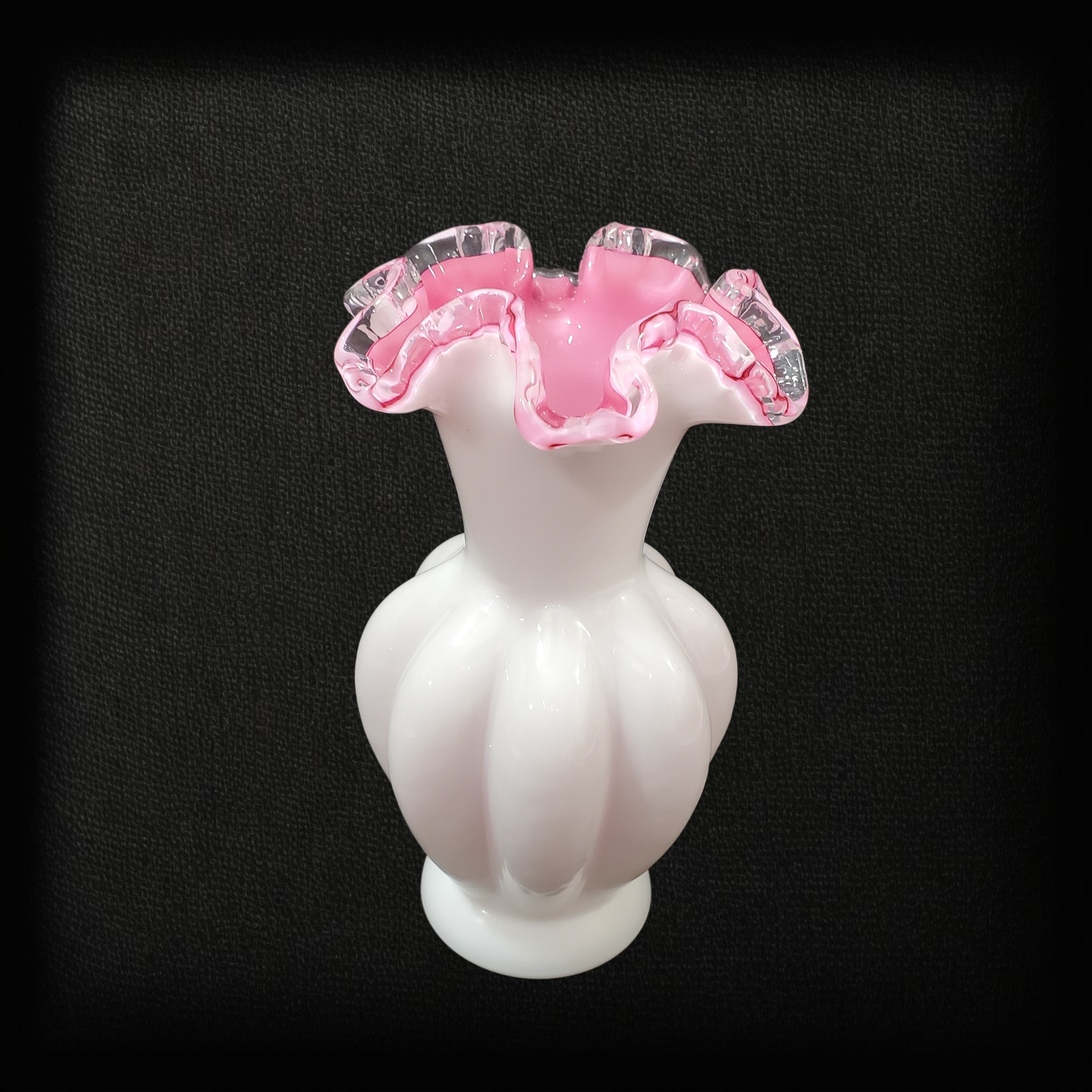 FENTON Pink Cased Melon Vase Silver Crest Scalloped Ruffled Crimped 6\