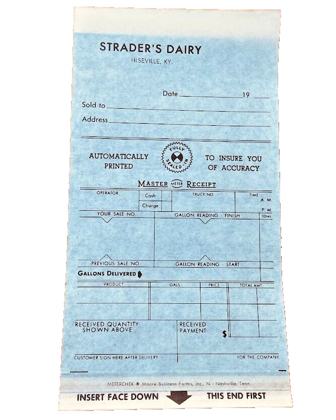 Strader\'s Dairy Hiseville KY GLASGOW Barren Kentucky UNUSED Paper Sale Receipt