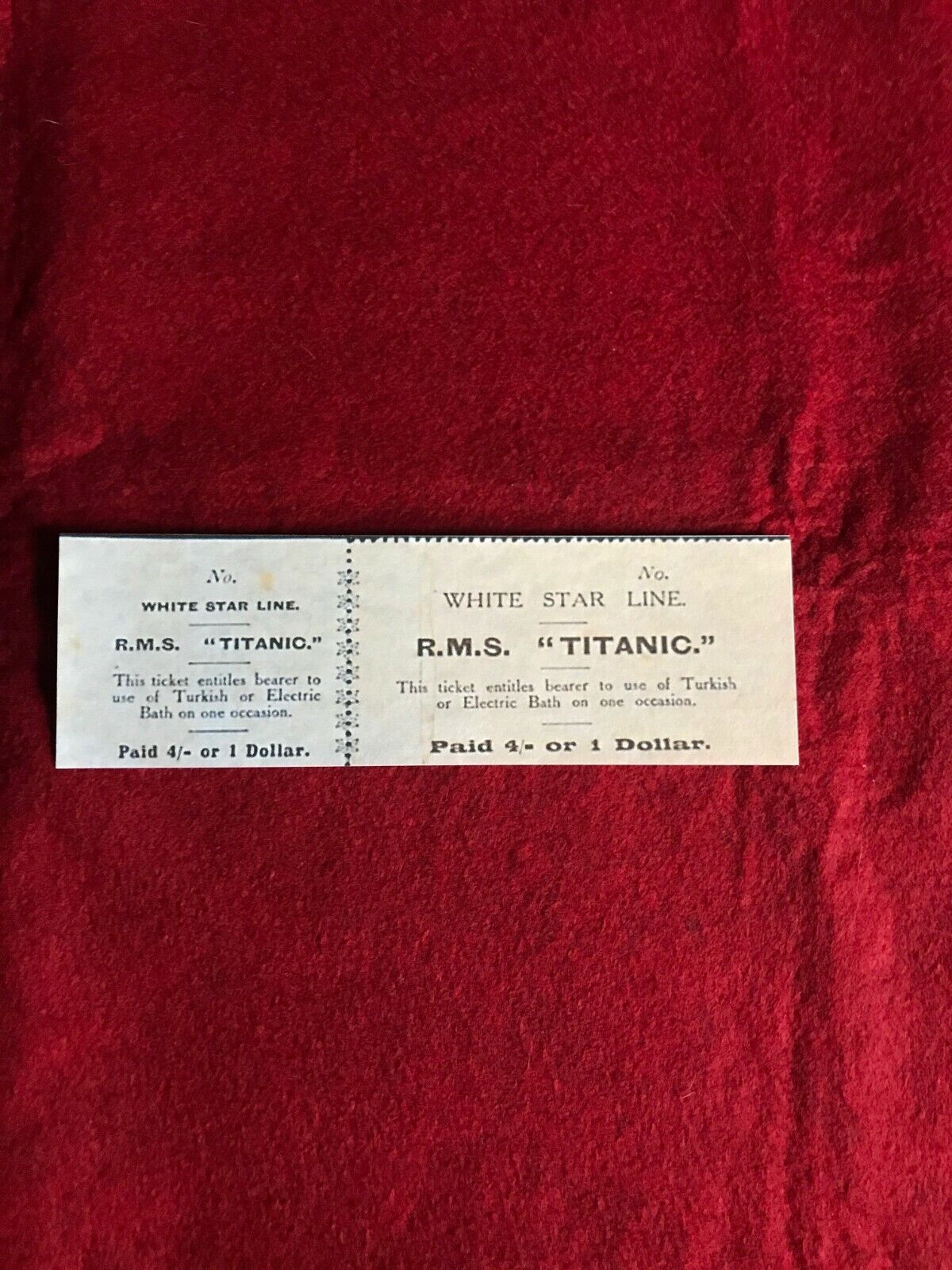 RMS TITANIC TURKISH BATHS TICKET- BEAUTIFUL REPLICA- ON CARD STOCK -1912