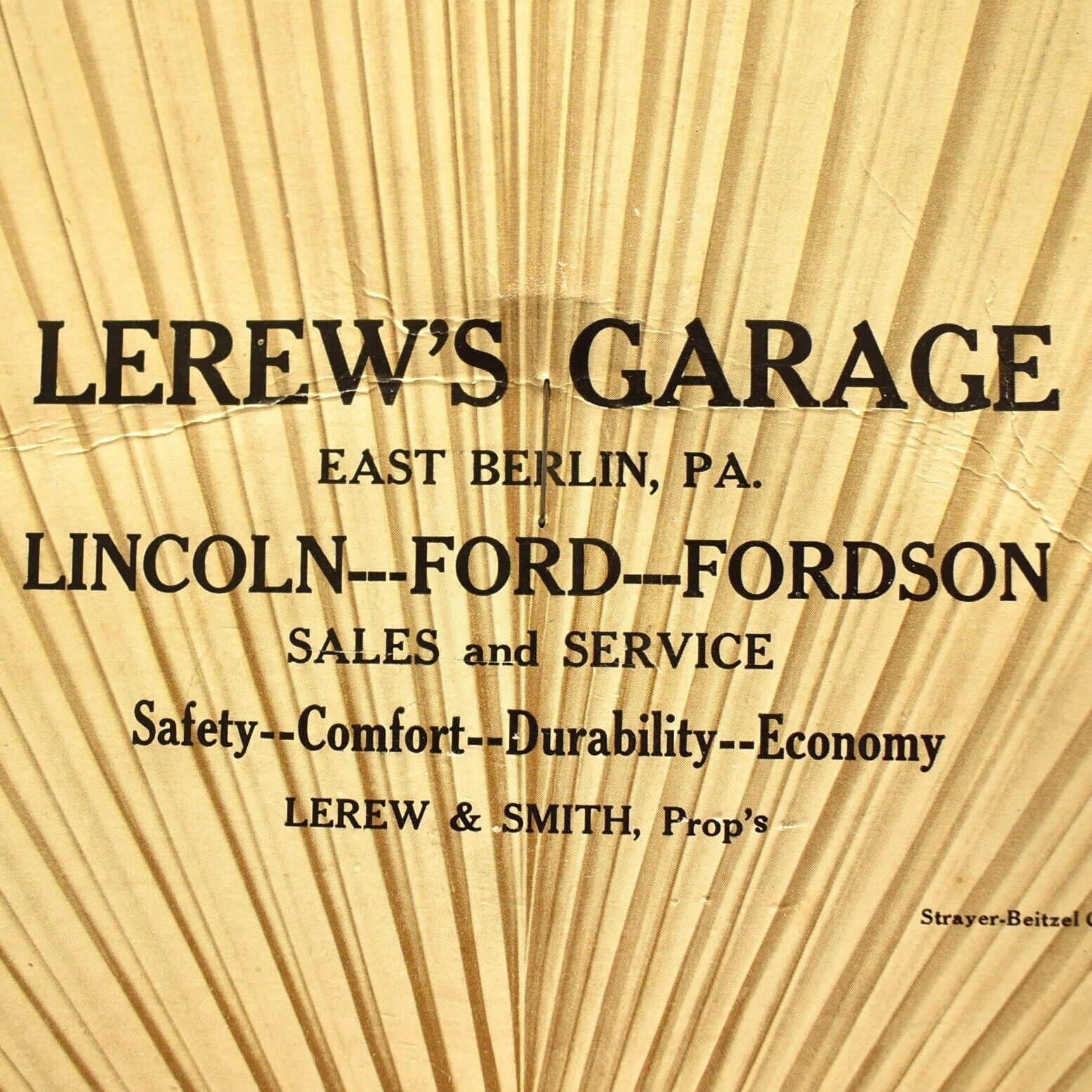 1930s Smith & Lerew\'s Garage Lincoln Ford Fordson East Berlin Pennsylvania Fan
