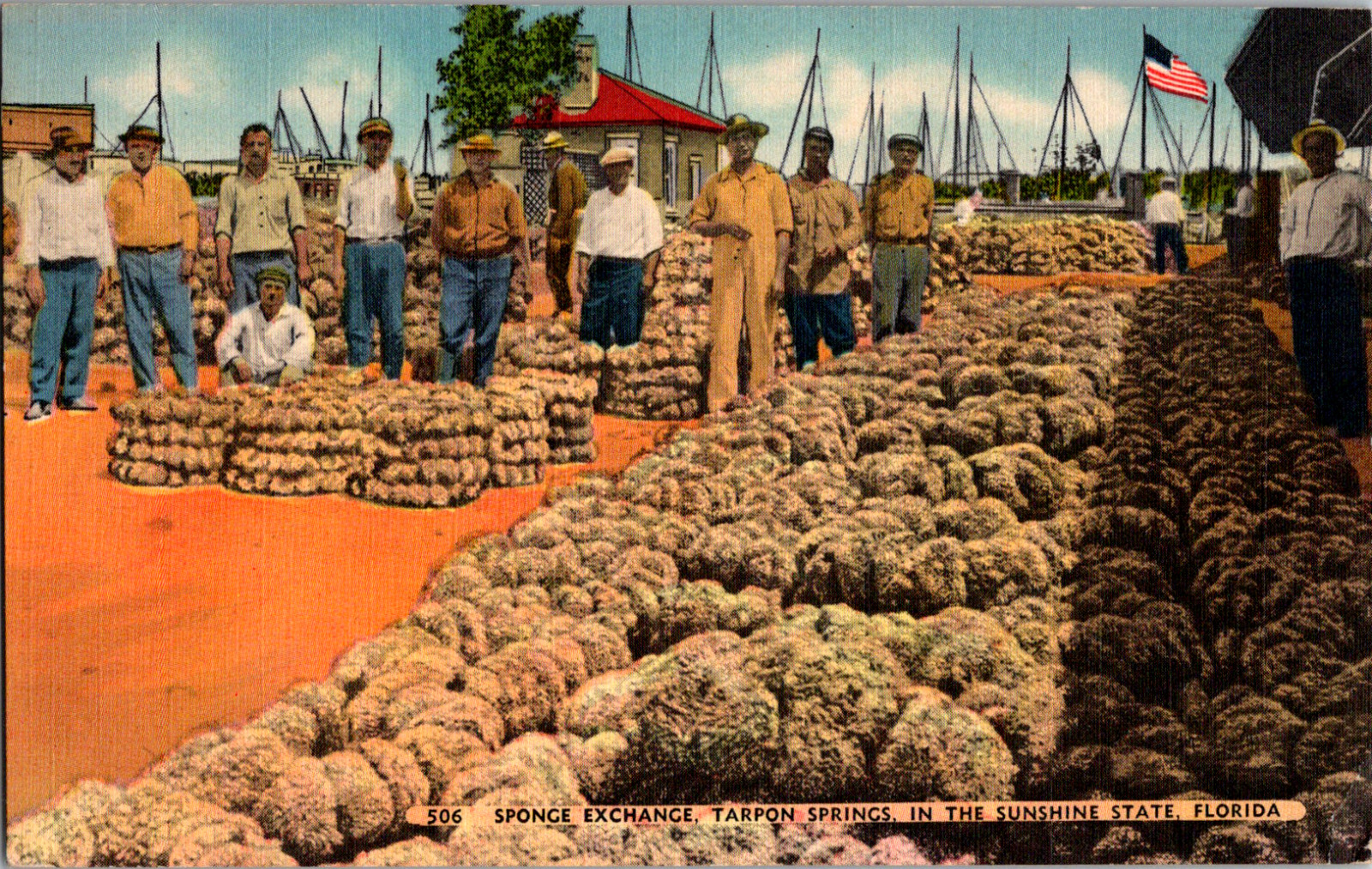 Vintage 1940's Natural Sea Sponge Market, Tarpon Springs, Florida FL Postcard