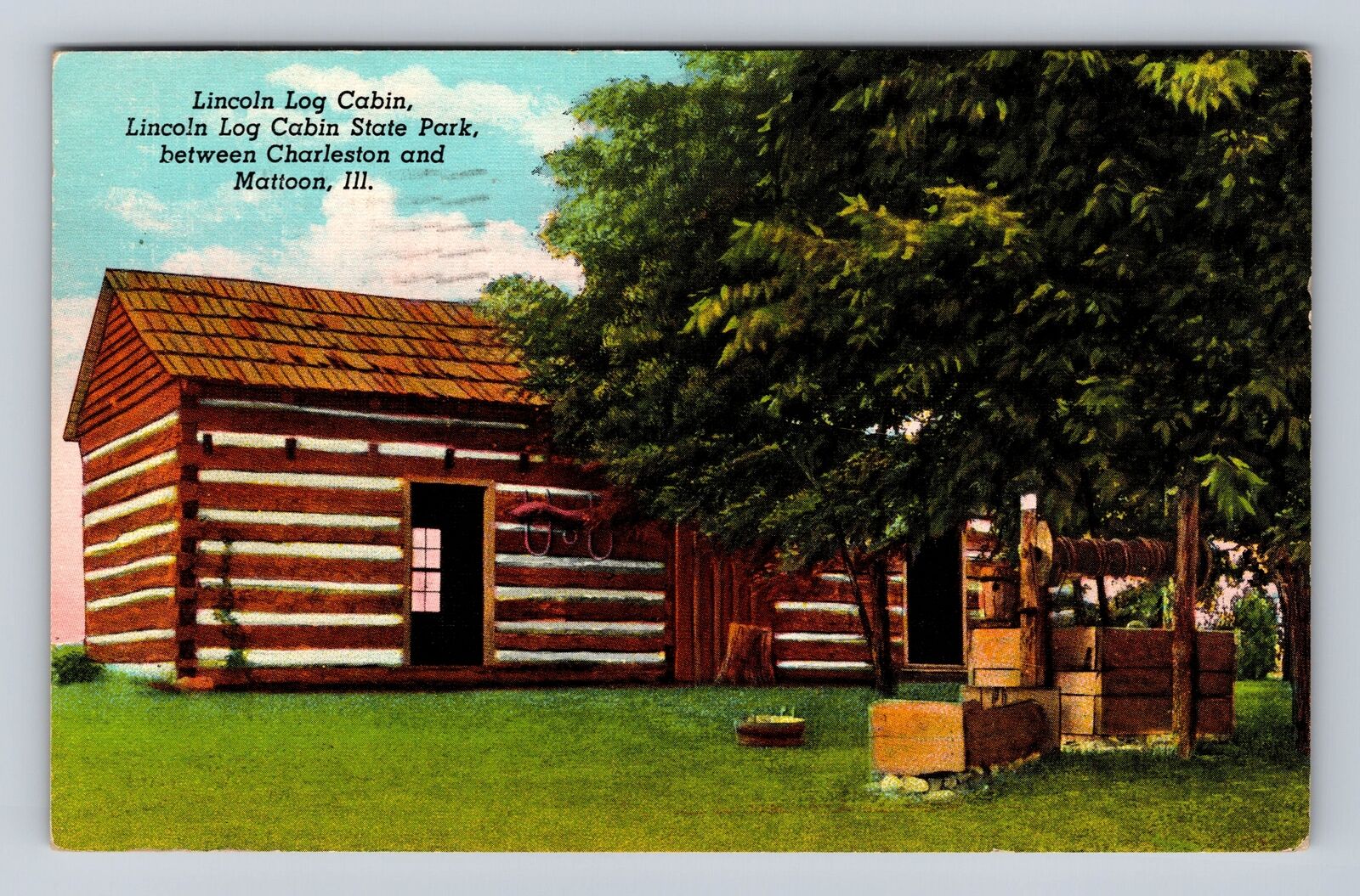 Mattoon IL-Illinois, Lincoln Log Cabin, Antique, Vintage c1947 Souvenir Postcard
