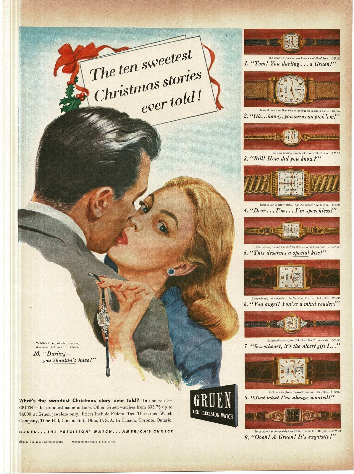 1946 Gruen Wrist Watches Men\'s Women\'s Christmas Gift art Vintage Print Ad