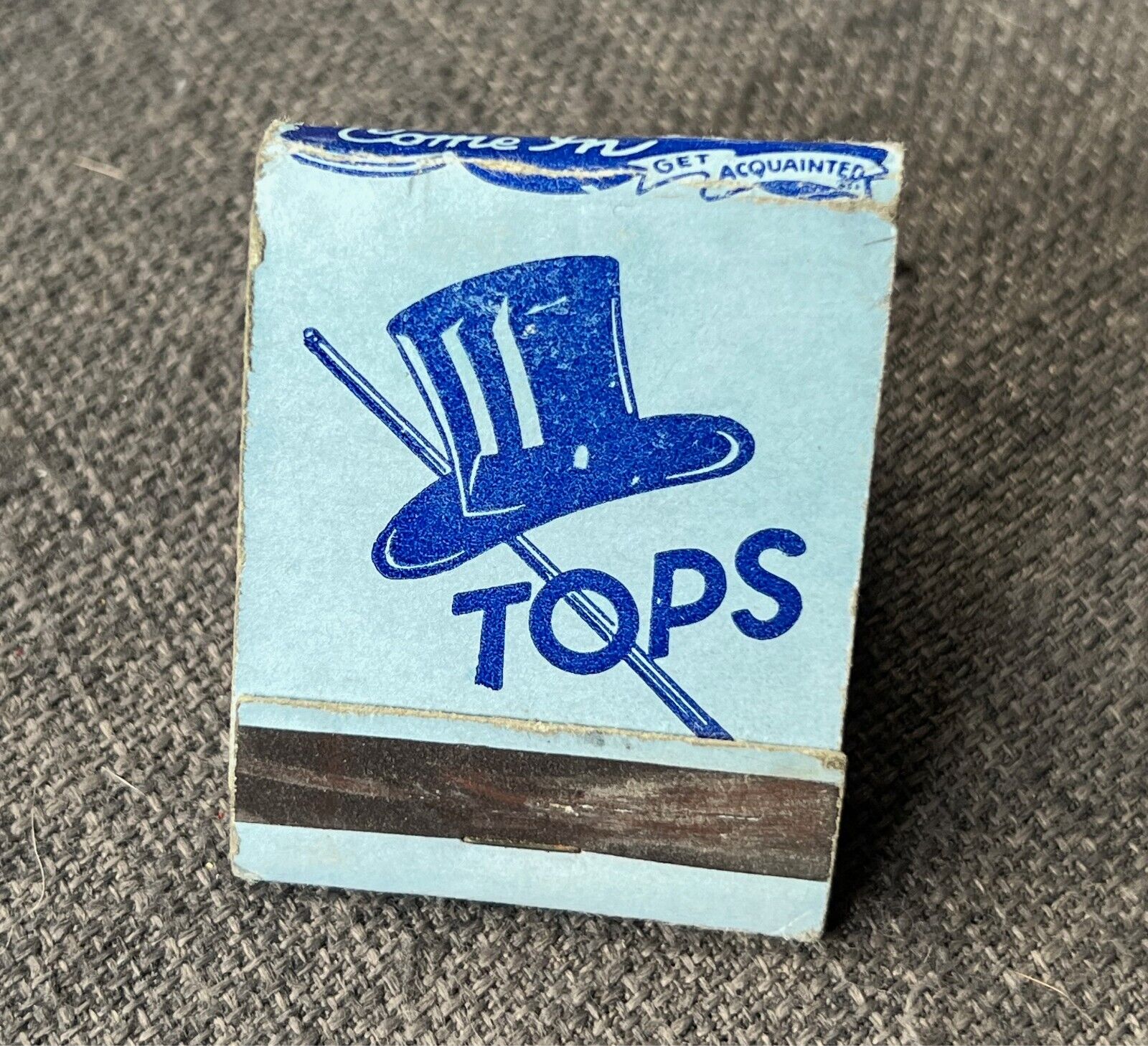 Vintage Douglas TOPS Hat - Come in Get Acquainted - Blue White Matchbook Matches