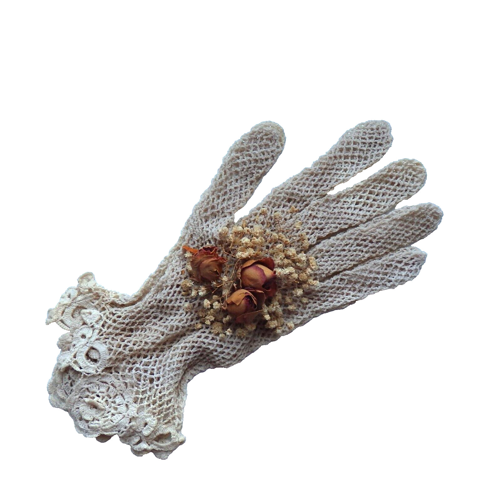 Handcrafted Vintage Victorian Crocheted Gloved Hand with Flower Accents