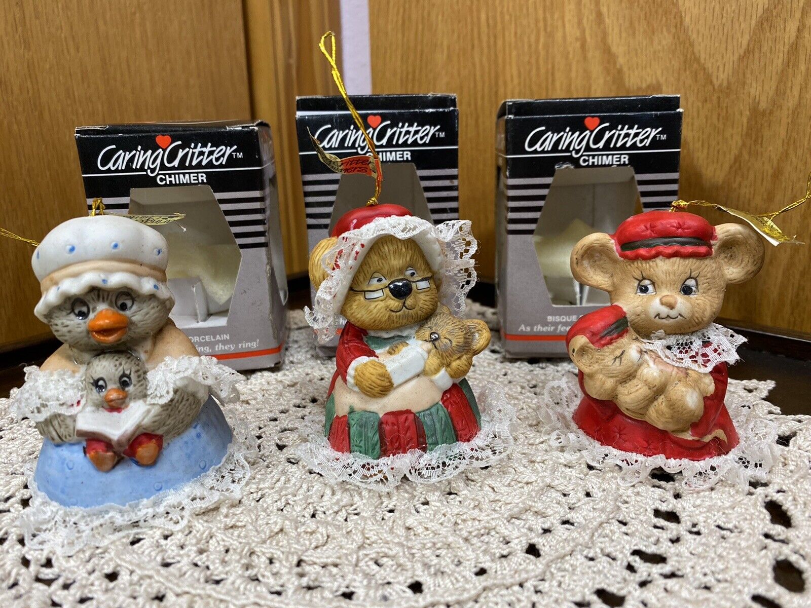 Caring Critters Hand-Painted Chimers Lot Of 3 Vintage Xmas Ornaments ~ Jasco NIB