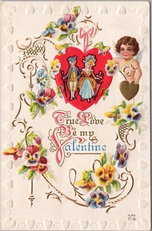 Vintage 1914 VALENTINE\'S DAY Postcard Tiny Colonial Couple / Cupid - NASH #V-50