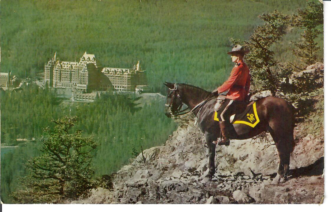 Postcard C. P. R. Banff Springs Hotel Horse Mounted Police Canadian Rockies 1956