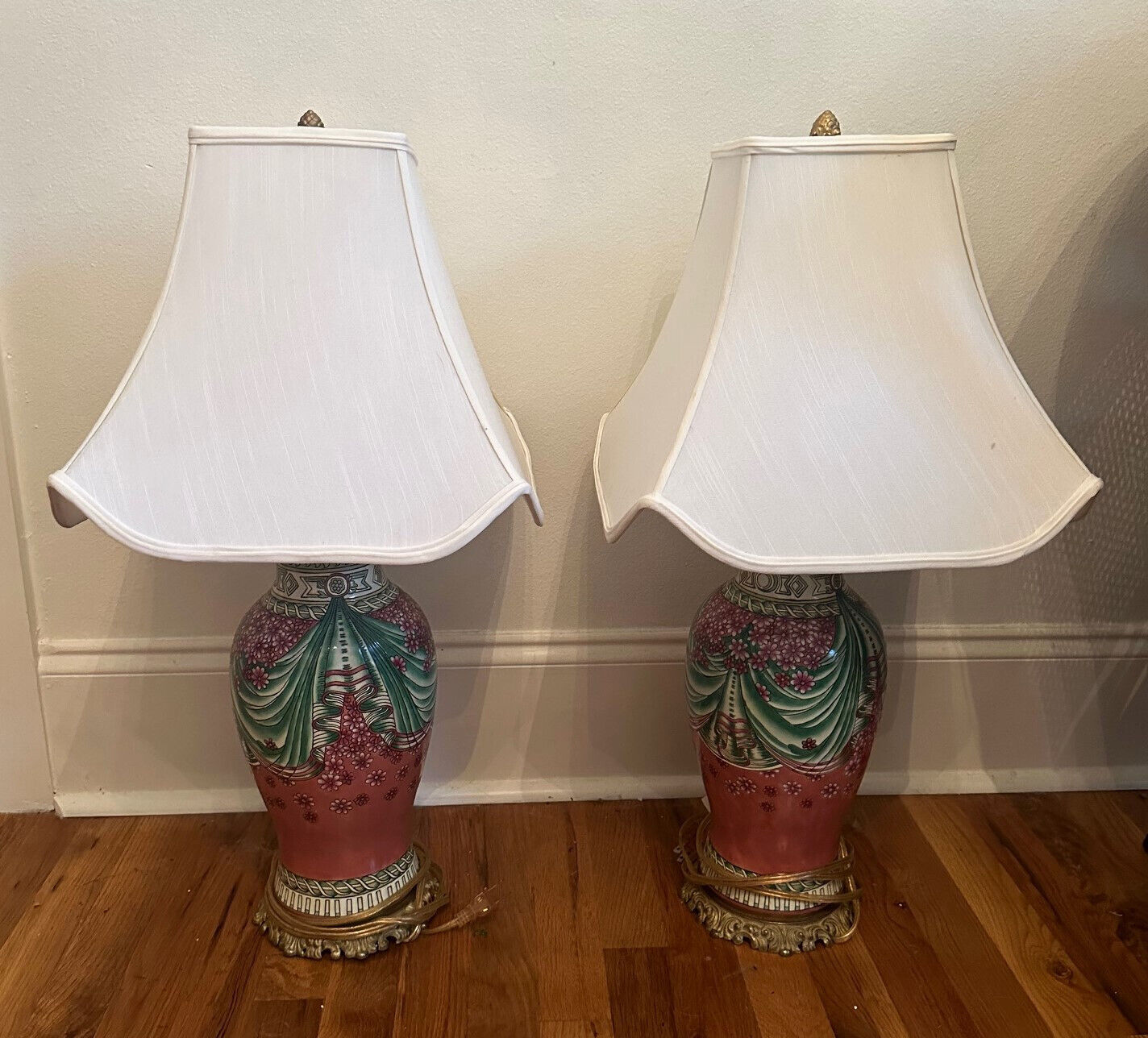 Pair of Vintage Chinese Porcelain Vase & Brass Table Lamps w Shades, 28