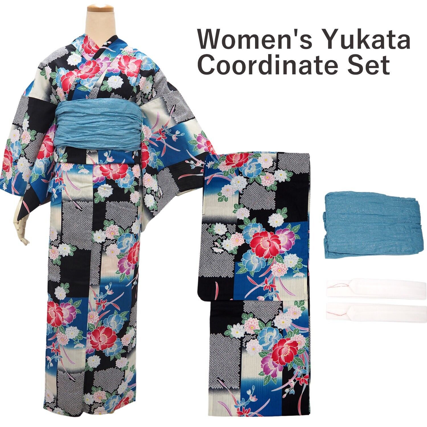 Women\'s Yukata Coordinate Set of 3 For Beginners : Black Yukata & Sky blue Obi