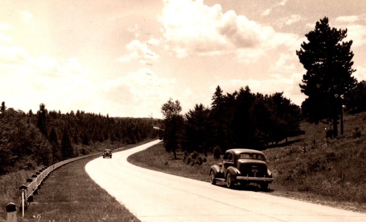 c1941 RPPC Classic Cars On Road Where North Begins GAYLORD MI VINTAGE Postcard