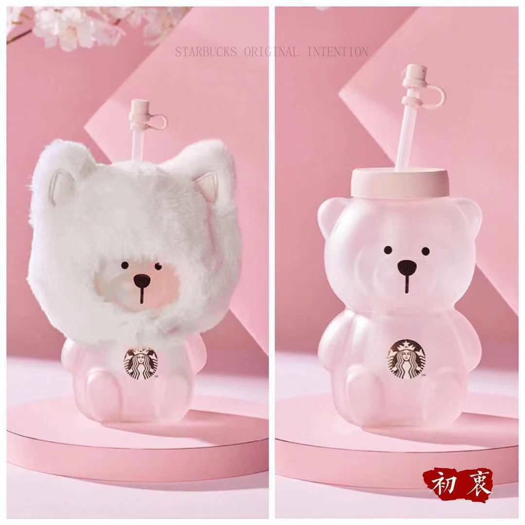 New 2021 China Starbucks Pink Sakura Cat Cap Bear 19oz Glass Straw Cup Tumbler