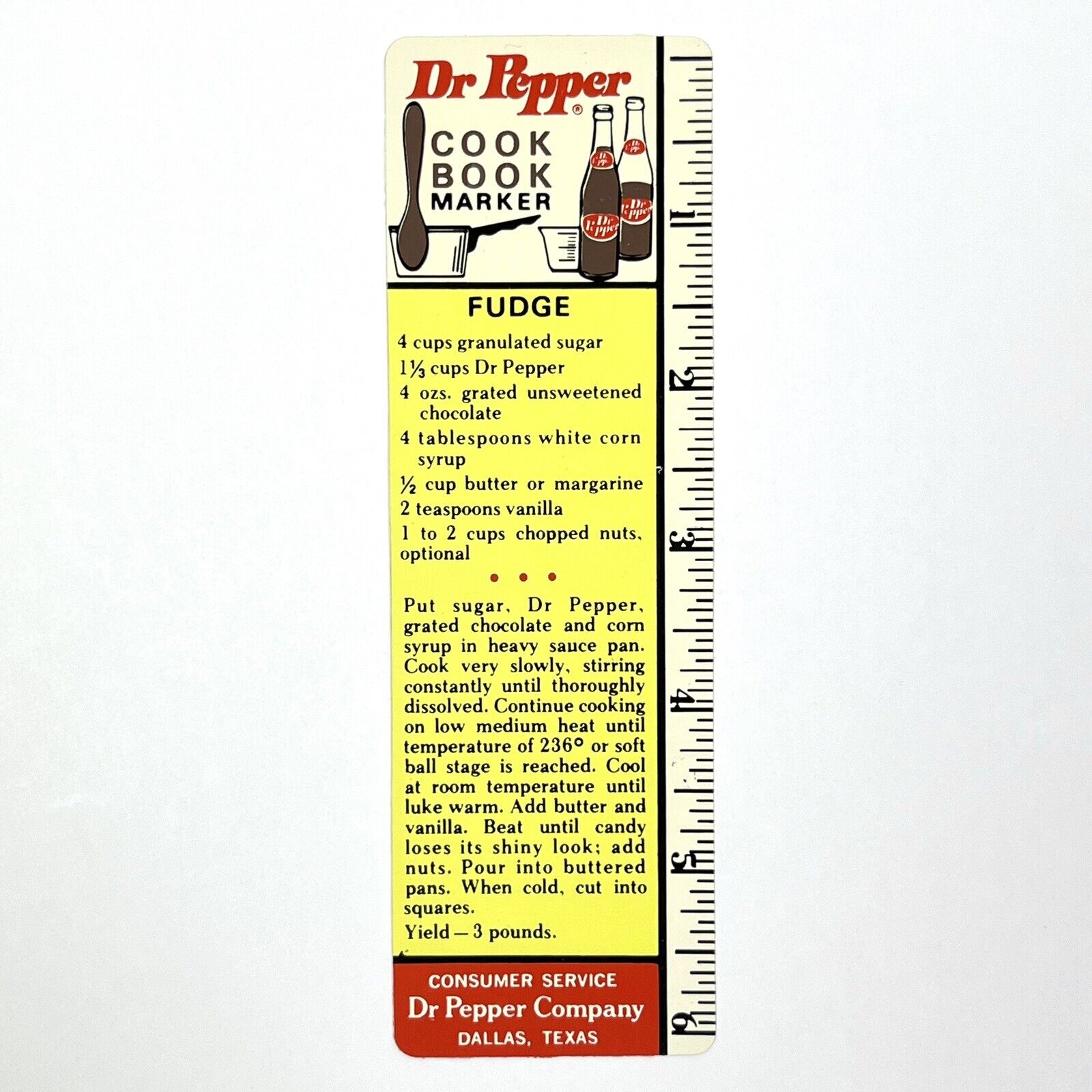 vintage DR PEPPER Cook Book Marker FUDGE Ruler recipe - Consumer Service, Dallas