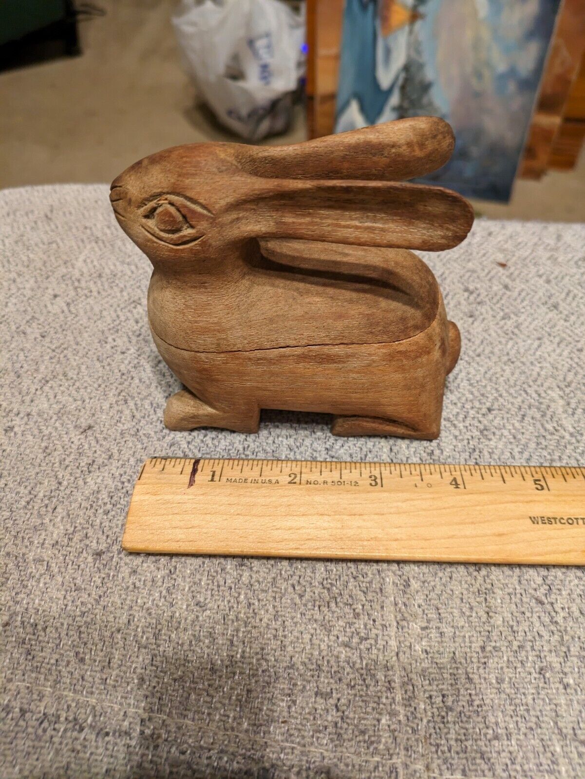 Vintage Hand Carved Rabbit Trinket Box Rustic Wooden Craft